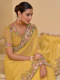 Awesome Yellow Stone Work Organza Haldi Wear Saree With Blouse