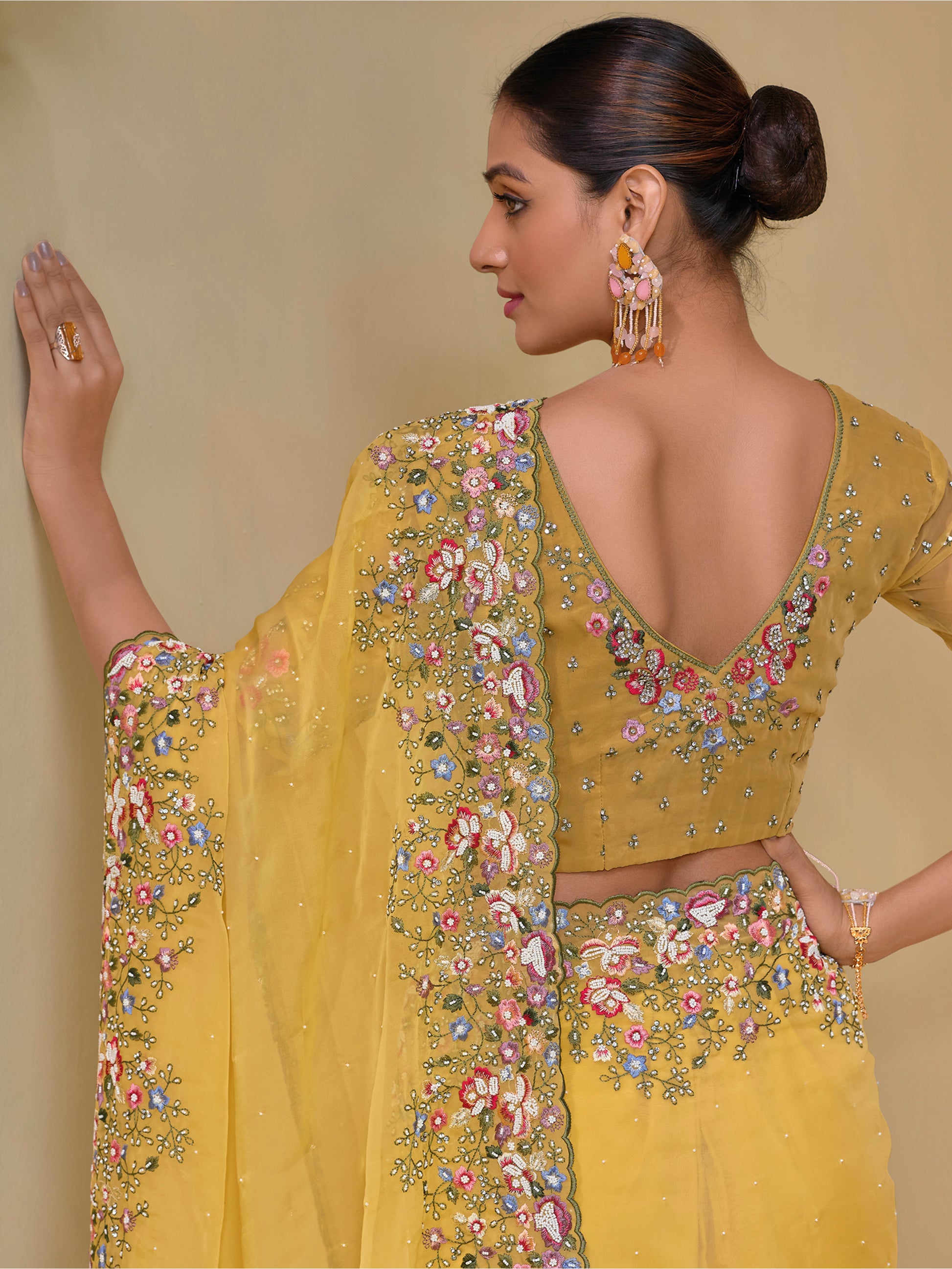 Awesome Yellow Stone Work Organza Haldi Wear Saree With Blouse
