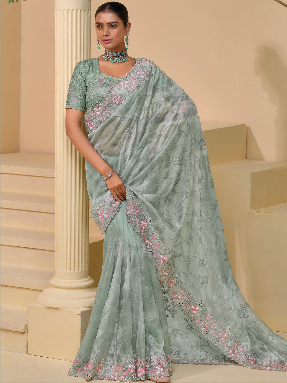 Lovely Sea Green Mirror Work Organza Festival Wear Saree With Blouse
