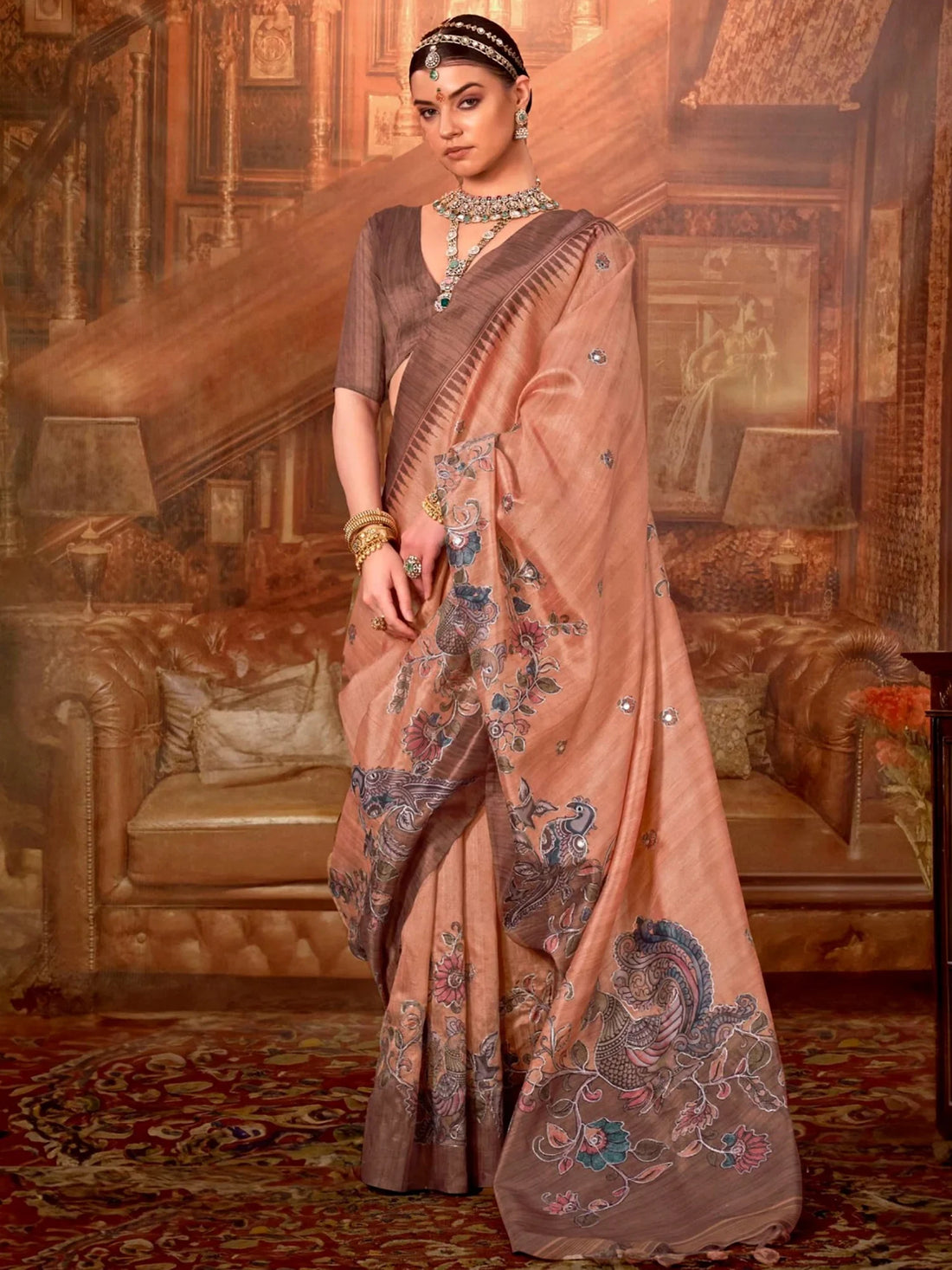 Momentous Peach Hand Work Tussar Festive Wear Saree With Blouse