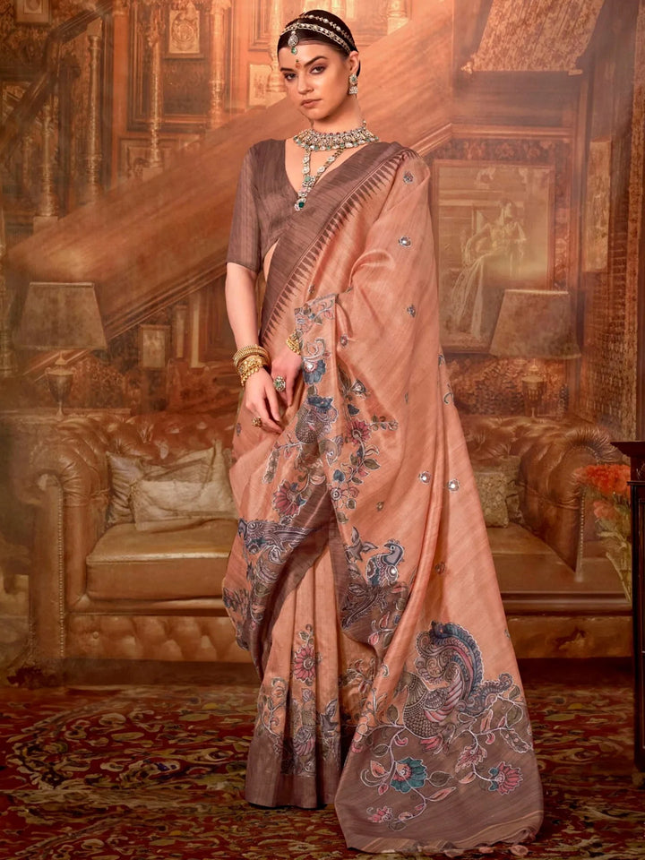 Momentous Peach Hand Work Tussar Festive Wear Saree With Blouse