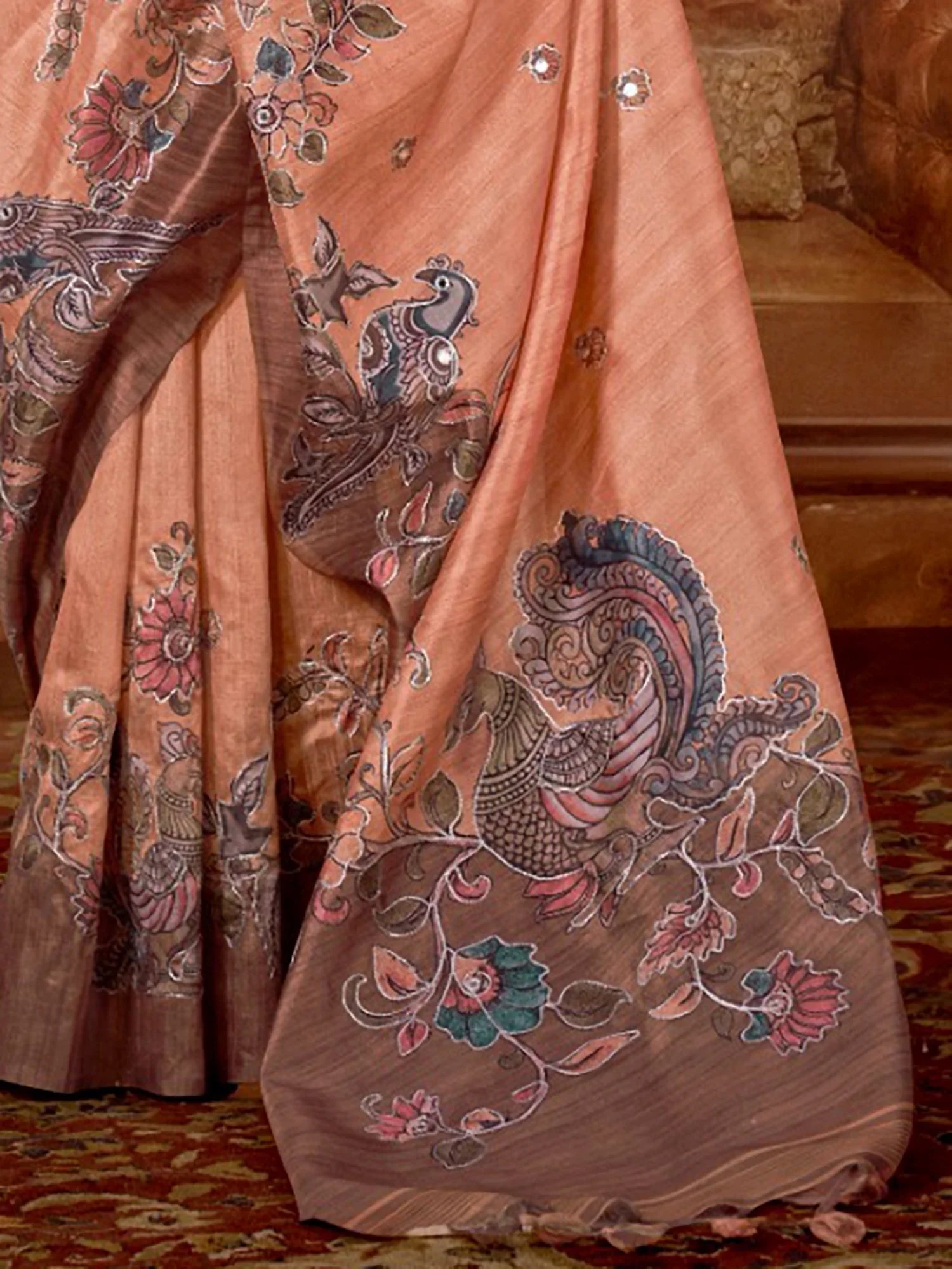 Momentous Peach Hand Work Tussar Festive Wear Saree With Blouse