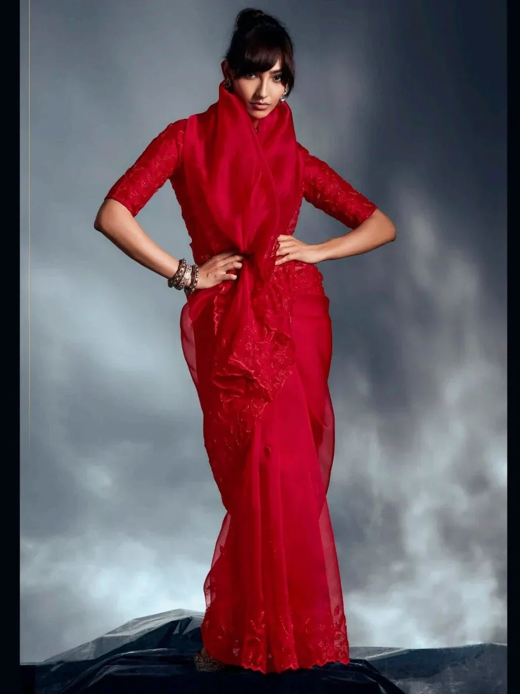 Monochrome Red Cutdana Work Organza Bridal Wear Saree With Blouse - Zeel Clothing
