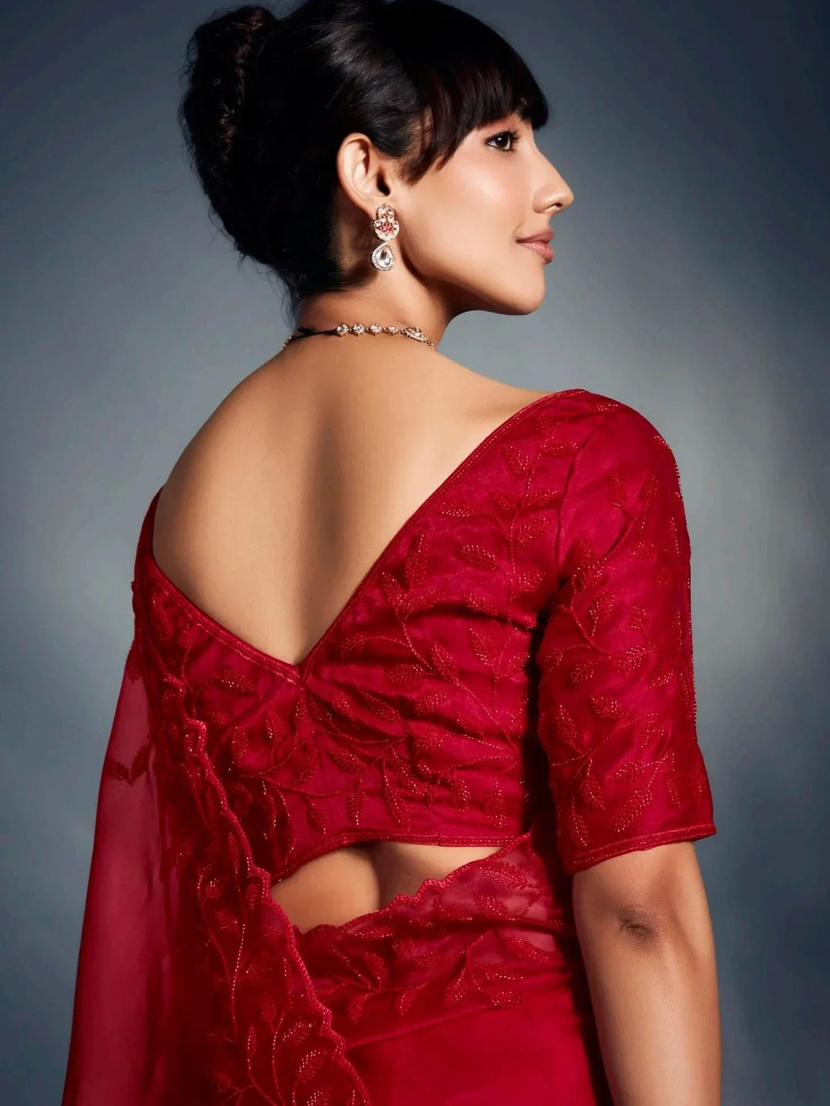 Monochrome Red Cutdana Work Organza Bridal Wear Saree With Blouse - Zeel Clothing