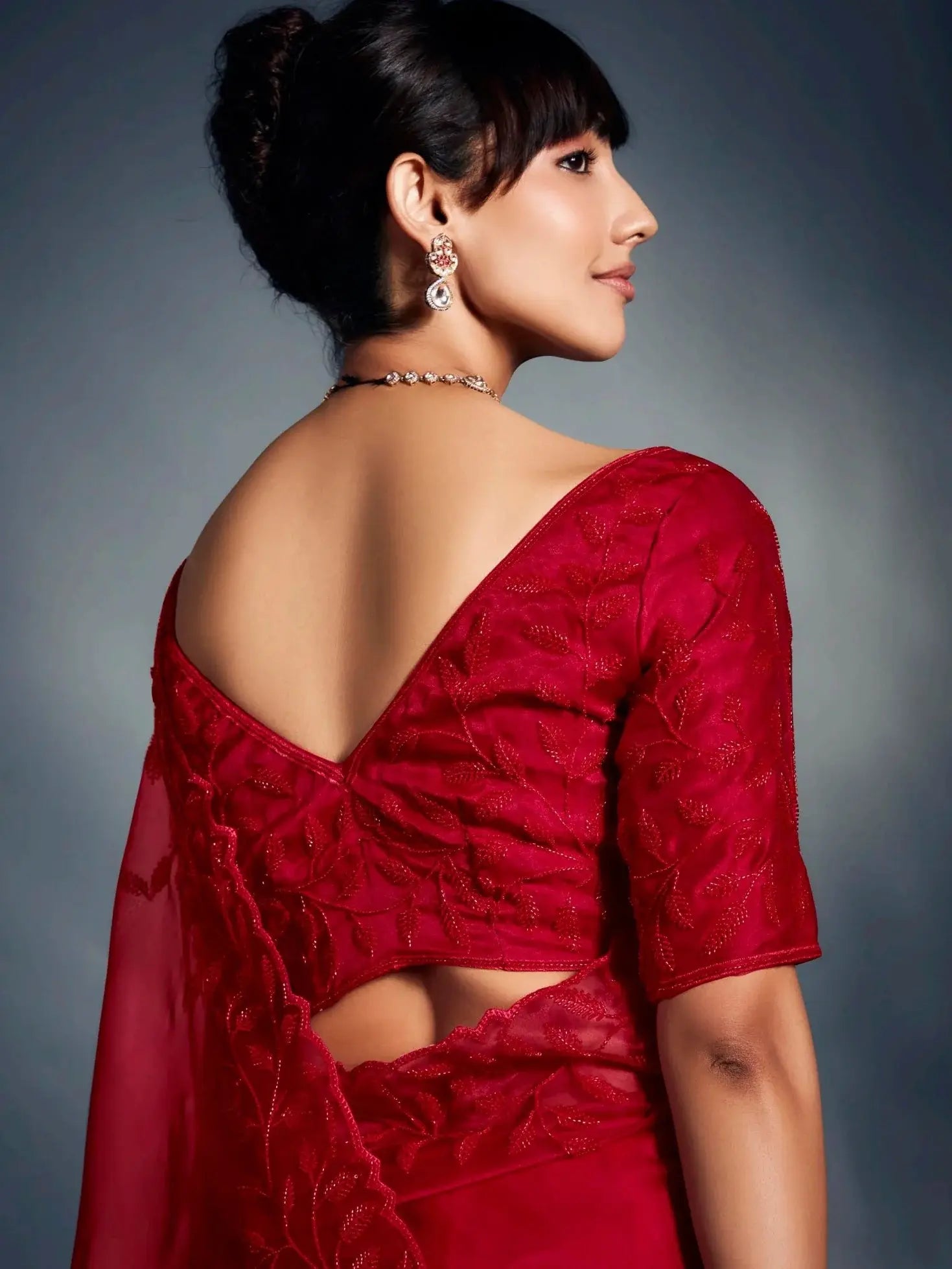 Monochrome Red Cutdana Work Organza Bridal Wear Saree With Blouse - Zeel Clothing