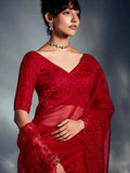 Monochrome Red Cutdana Work Organza Bridal Wear Saree With Blouse - Zeel Clothing