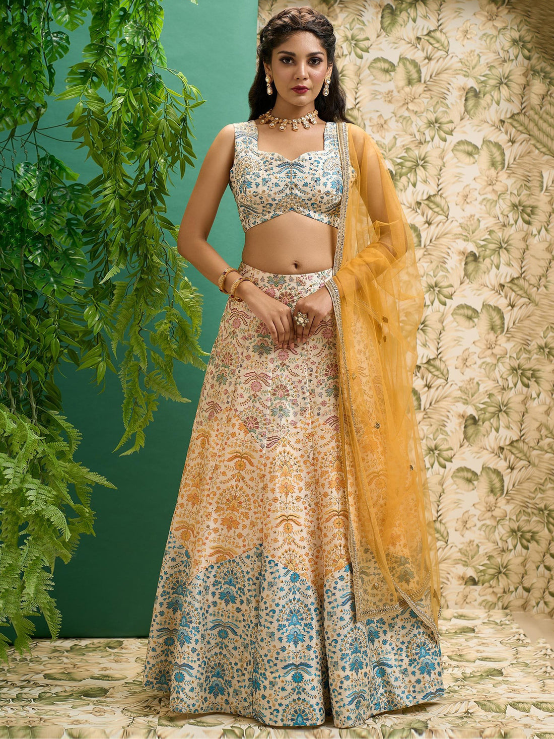 Stunning Off-White Printed Art Silk Wedding Lehenga Choli With Dupatta