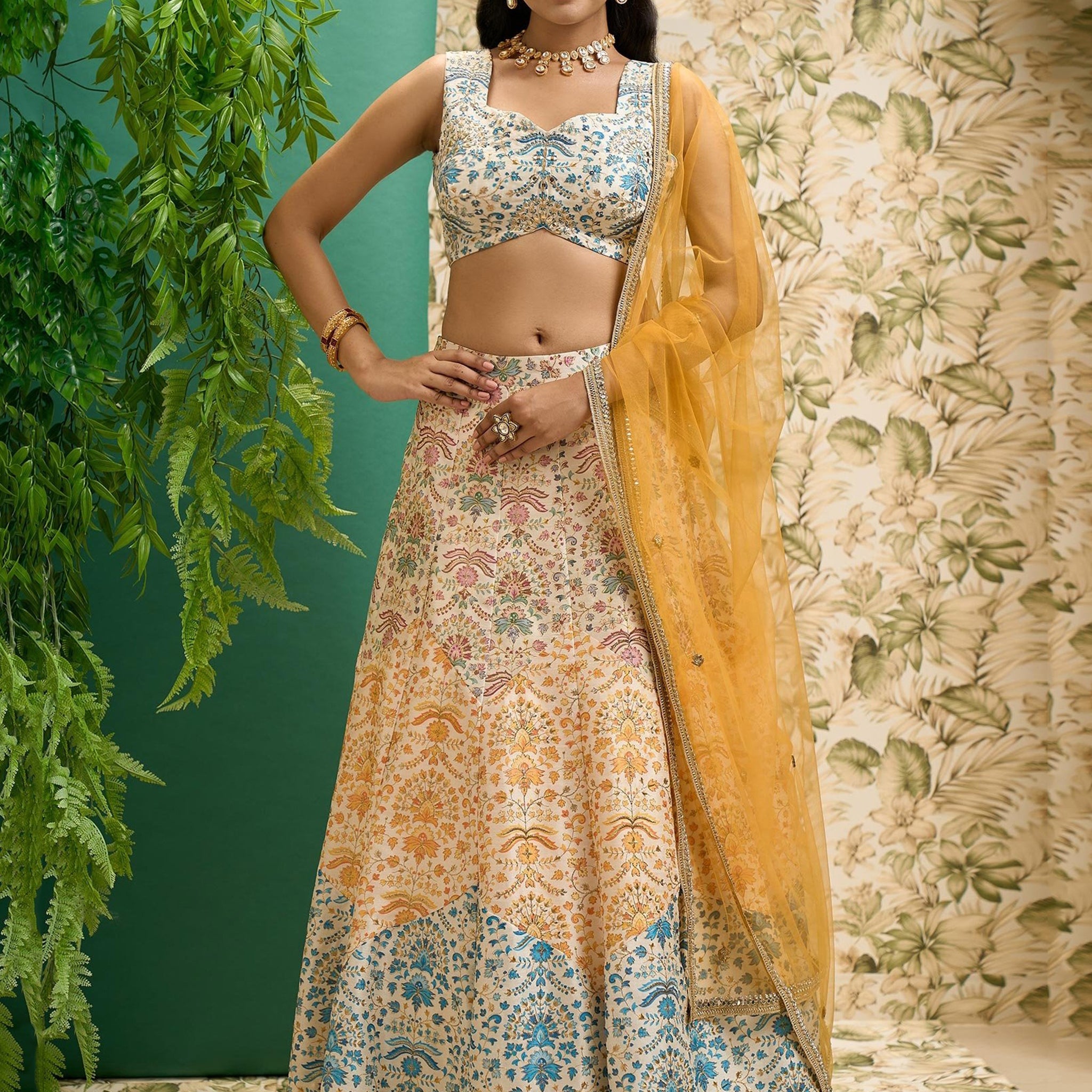 Stunning Off-White Printed Art Silk Wedding Lehenga Choli With Dupatta