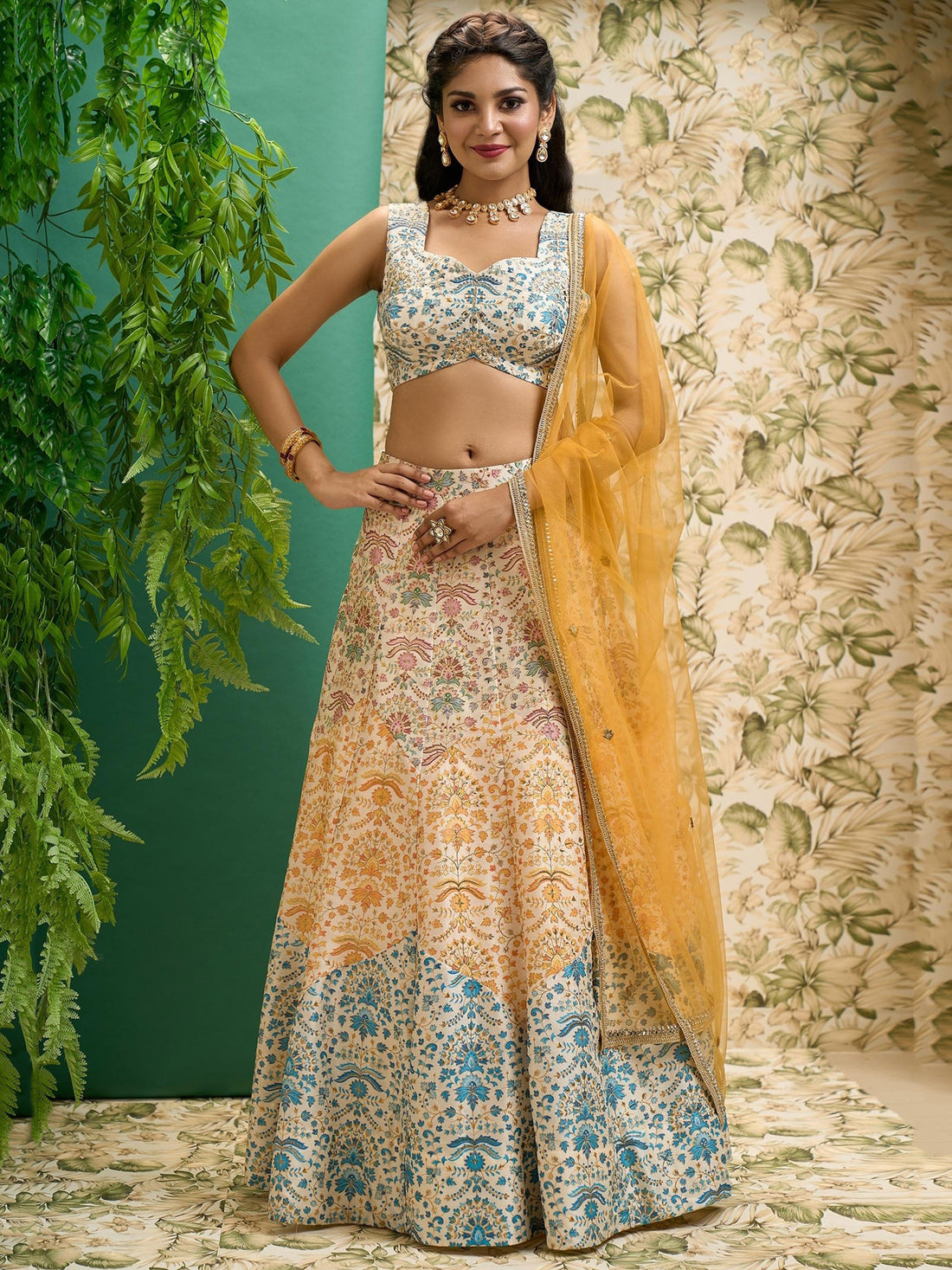 Stunning Off-White Printed Art Silk Wedding Lehenga Choli With Dupatta
