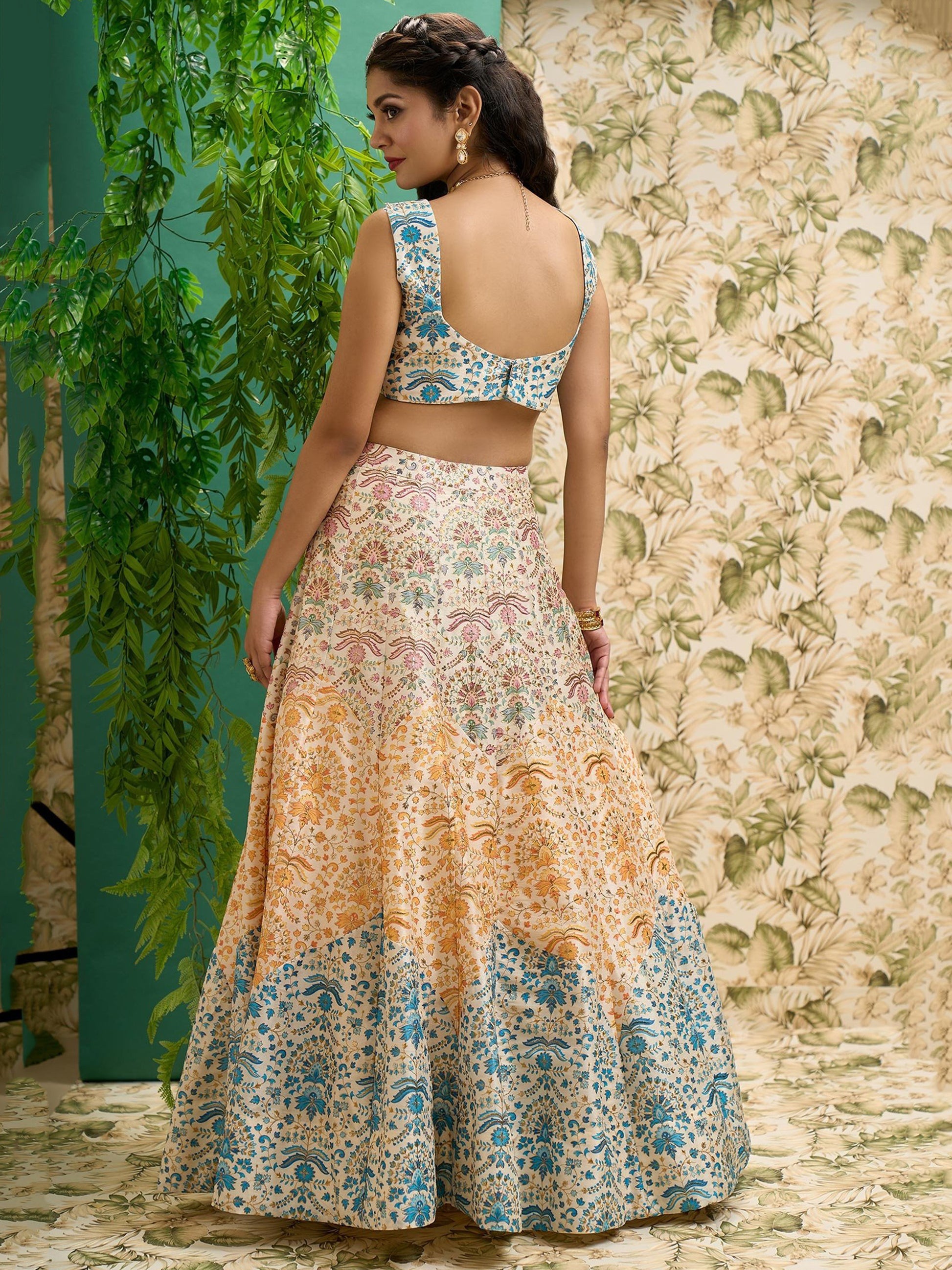 Stunning Off-White Printed Art Silk Wedding Lehenga Choli With Dupatta
