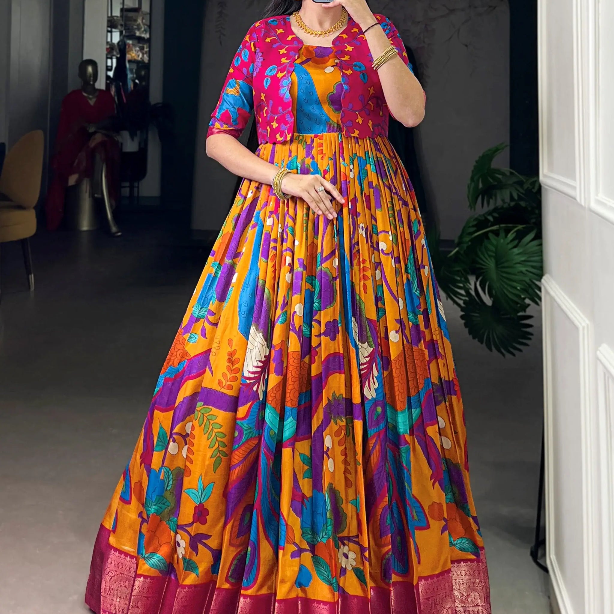 Amazing Mustard Yellow Kalamkari Print Tussar Silk Haldi Wear Gown With Jacket