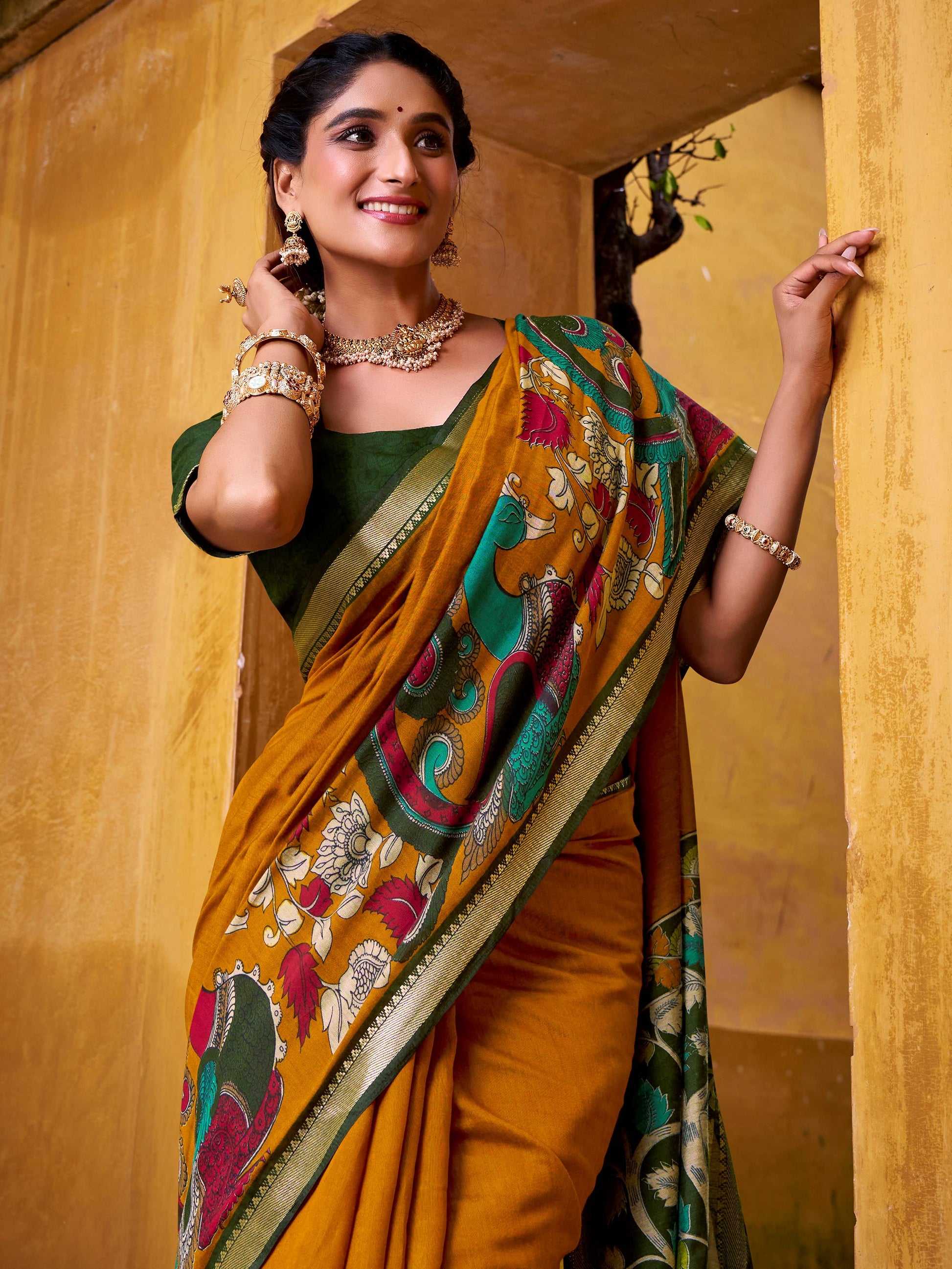 Captivating Mustard Yellow Kalamkari Print Chanderi Silk Saree With Blouse