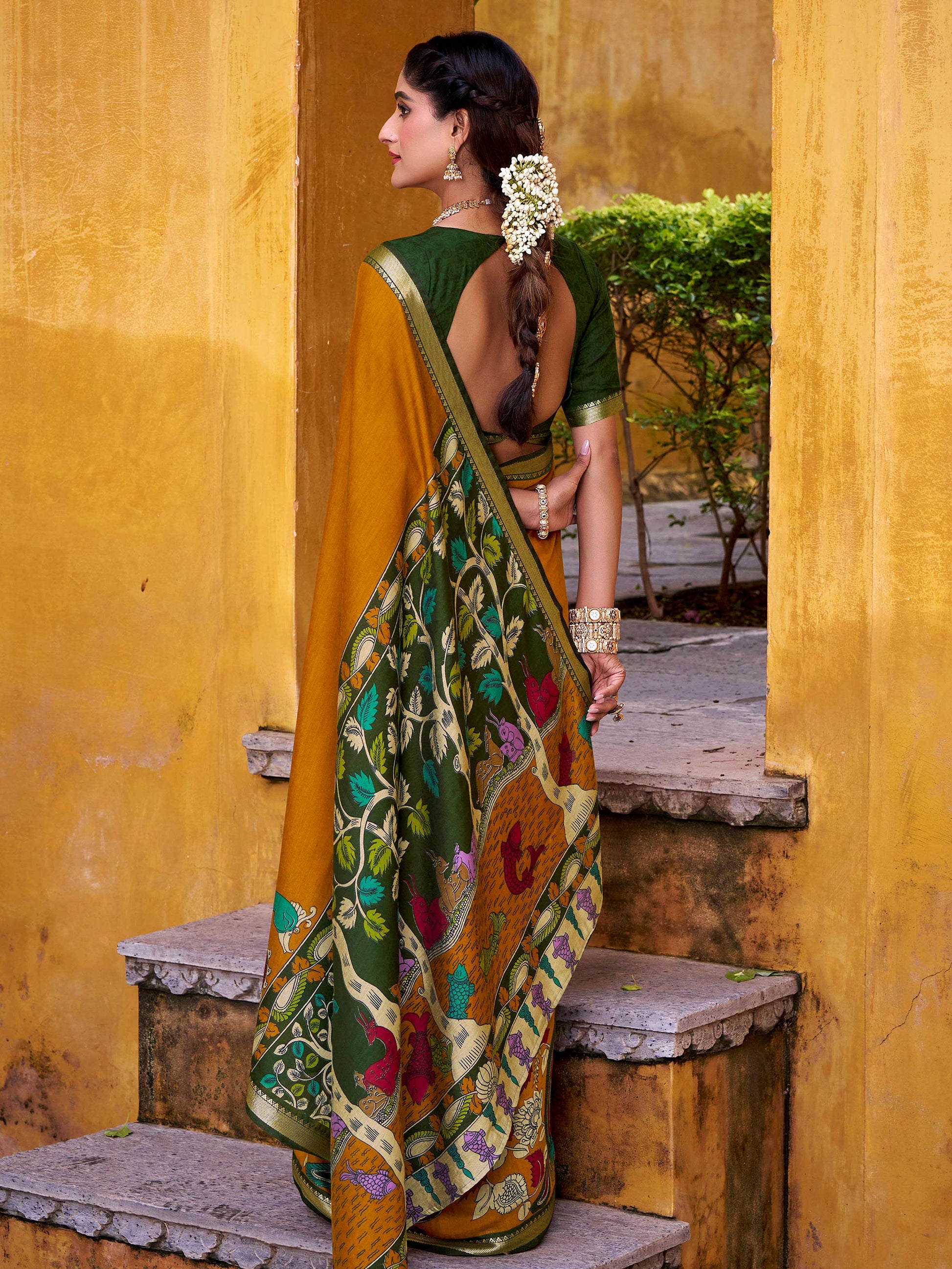 Captivating Mustard Yellow Kalamkari Print Chanderi Silk Saree With Blouse
