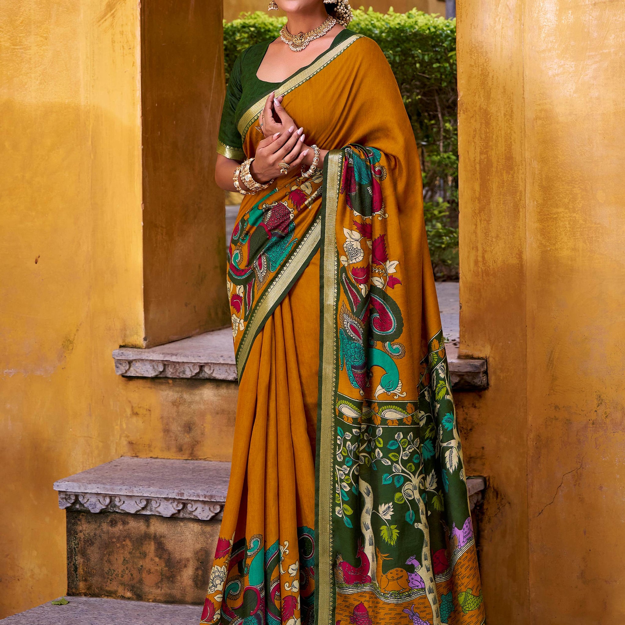Captivating Mustard Yellow Kalamkari Print Chanderi Silk Saree With Blouse