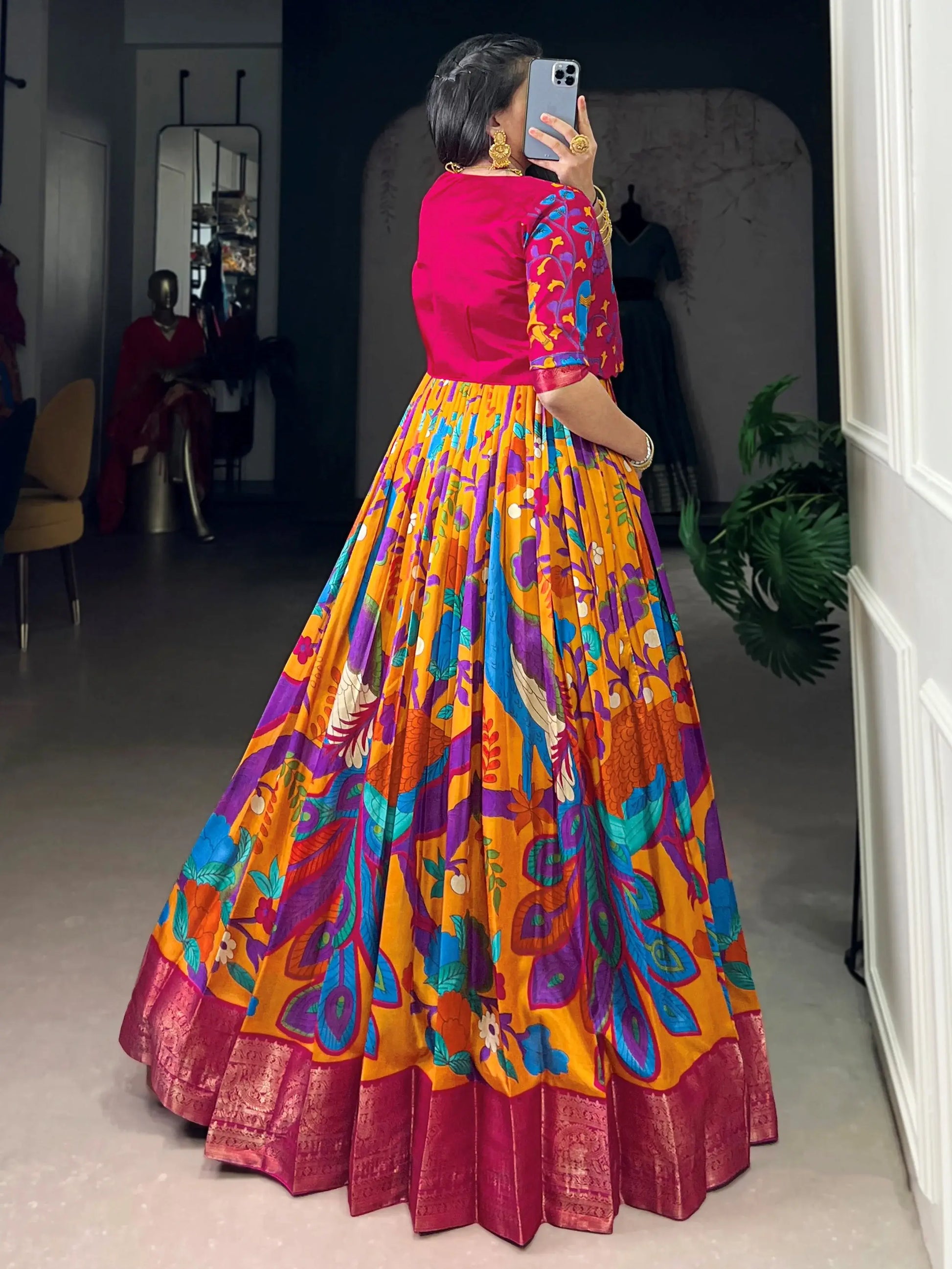 Amazing Mustard Yellow Kalamkari Print Tussar Silk Haldi Wear Gown With Jacket