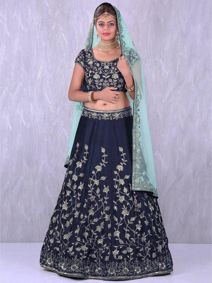 Navy Blue Banglory Silk Lehenga Choli with Applique Embroidery work