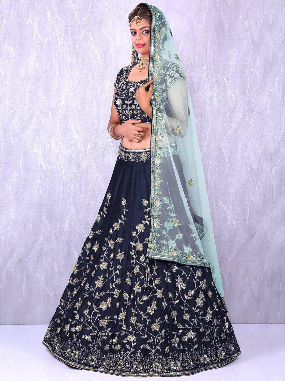 Navy Blue Banglory Silk Lehenga Choli with Applique Embroidery work