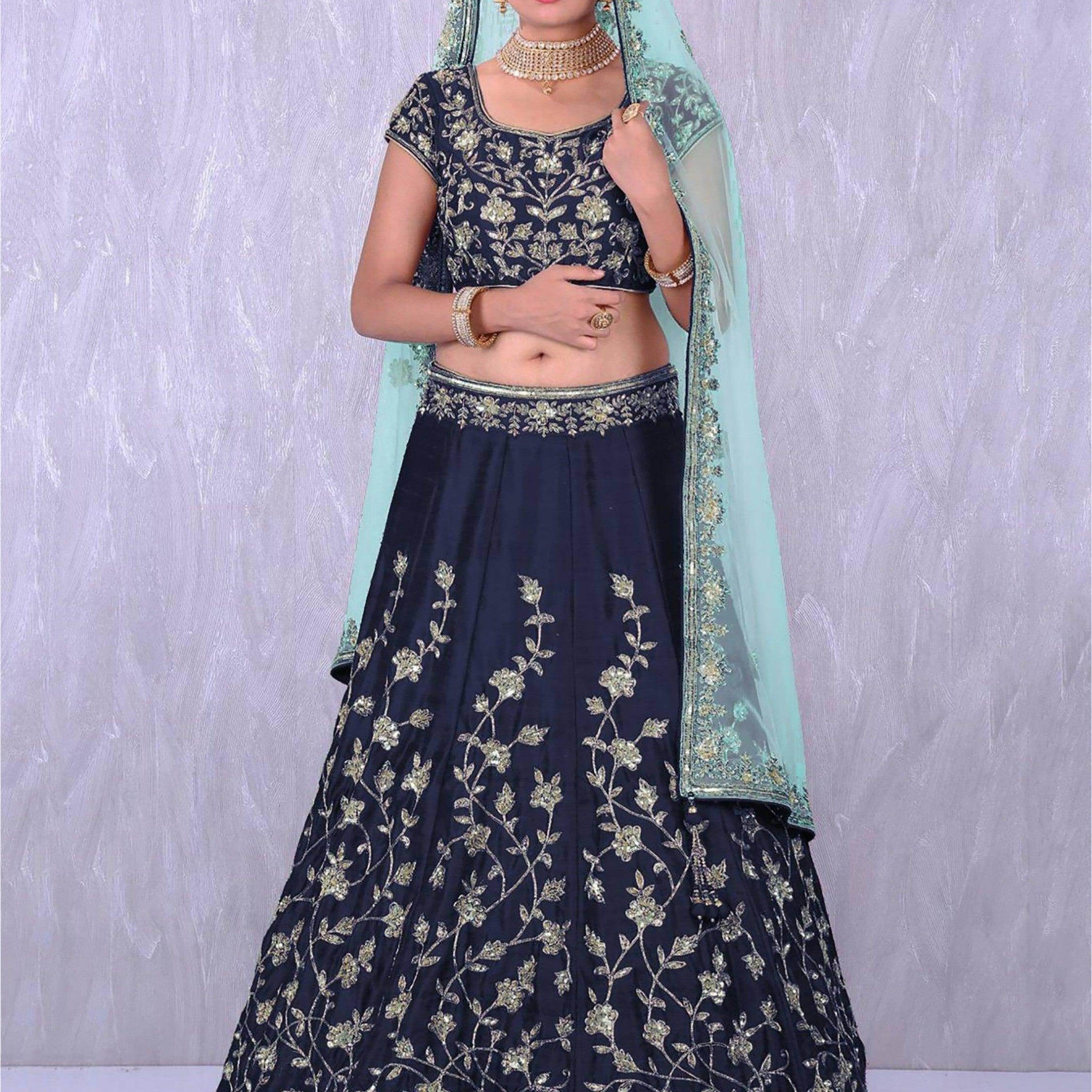 Navy Blue Banglory Silk Lehenga Choli with Applique Embroidery work - Zeel Clothing