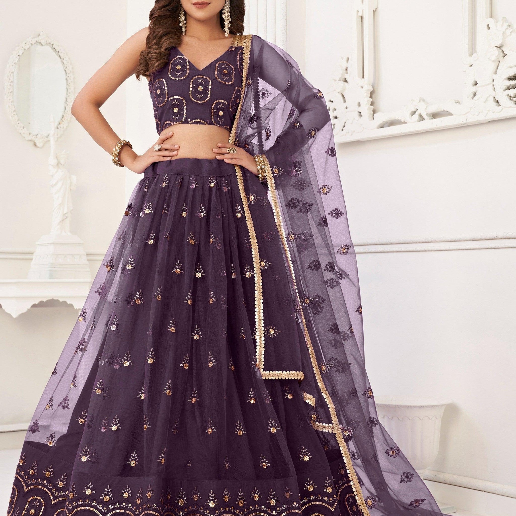 Ravishing Dark Purple Sequins Net Lehenga Choli With Dupatta