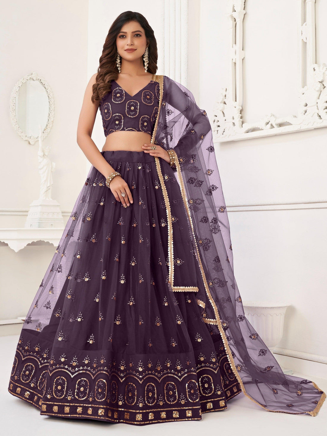 Ravishing Dark Purple Sequins Net Lehenga Choli With Dupatta