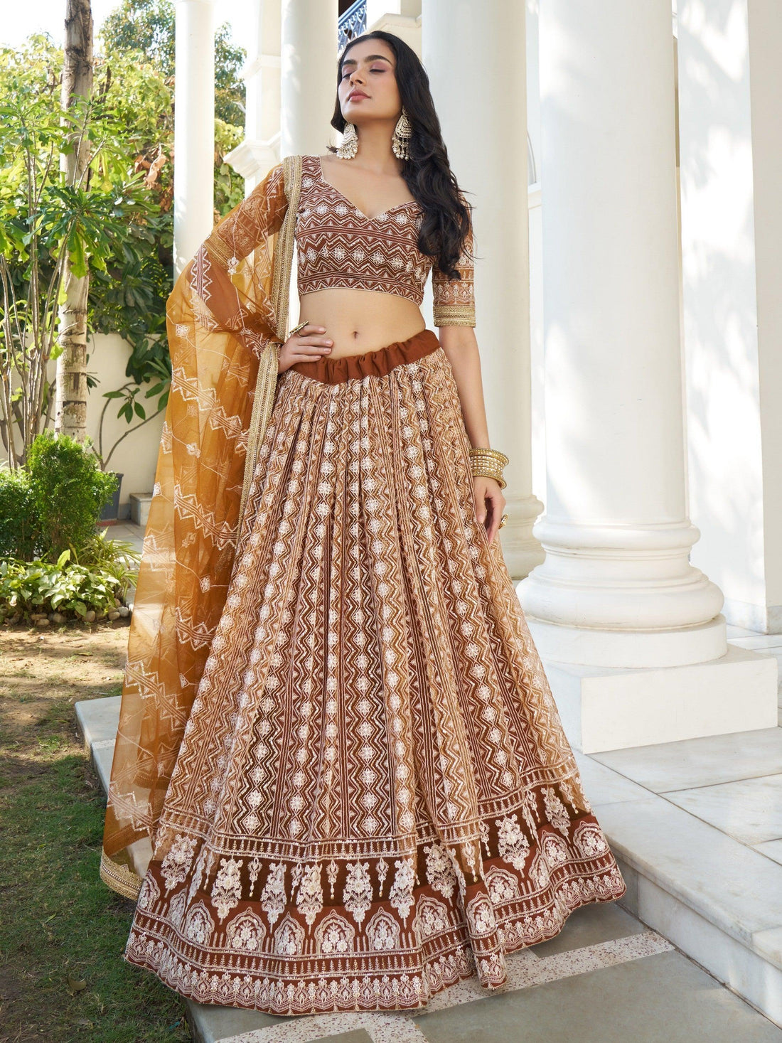 Mesmerizing Brown Thread Work Net Sangeet Wear Lehenga Choli