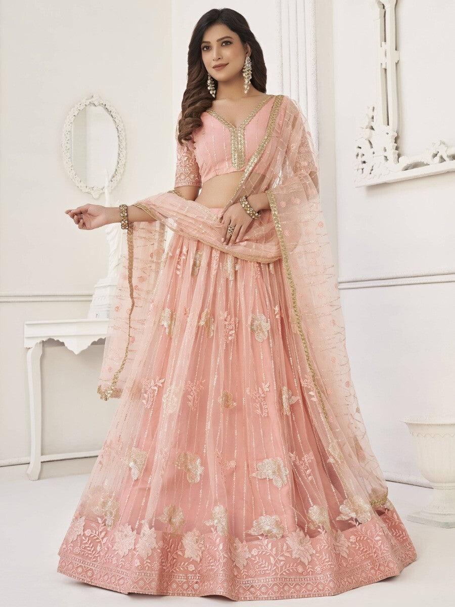 Fantastic Peach Sequins Net Wedding Wear Lehenga Choli With Dupatta
