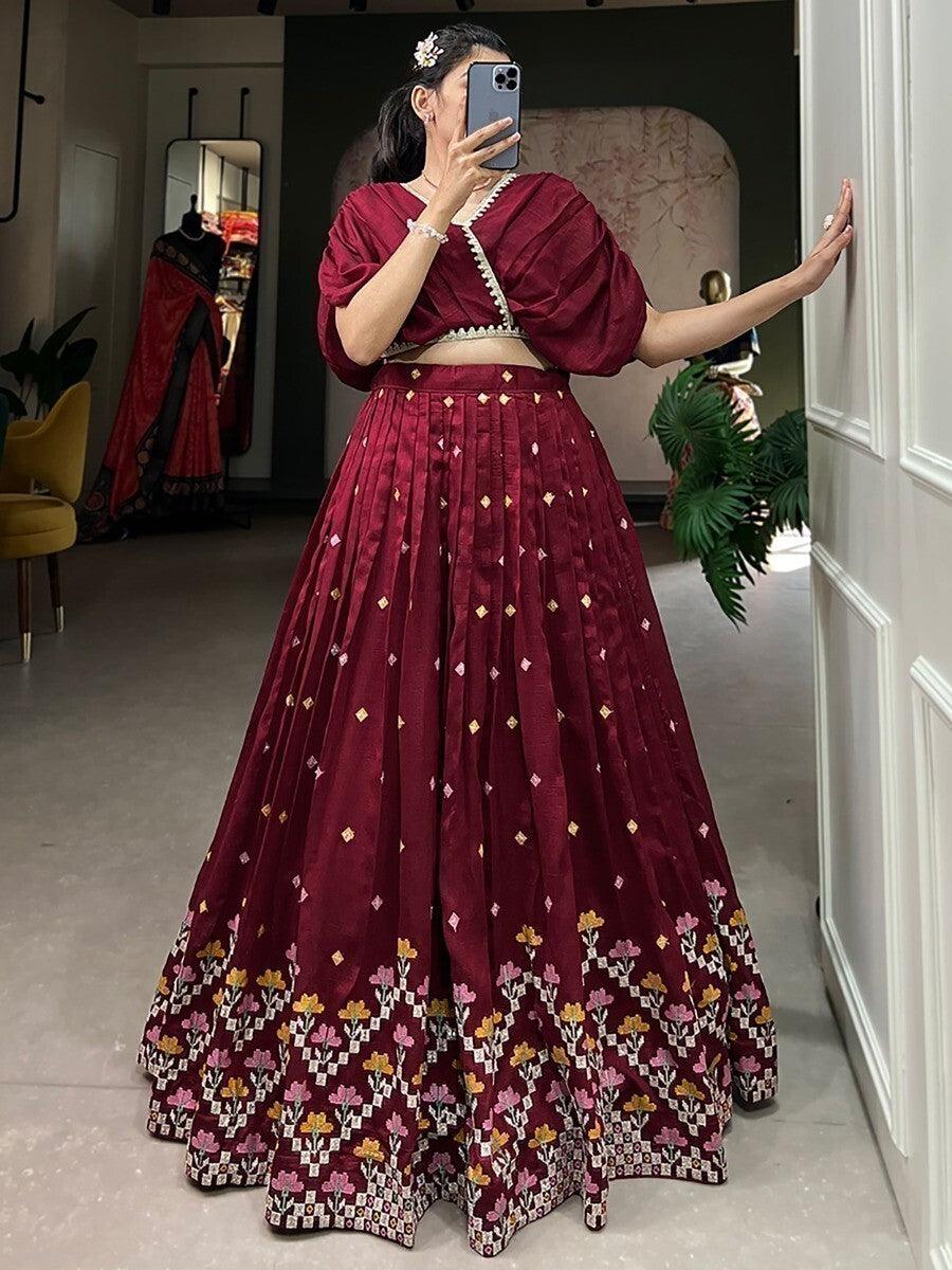 Excellent Maroon Embroidered Silk Wedding Wear Crop Top Lehenga