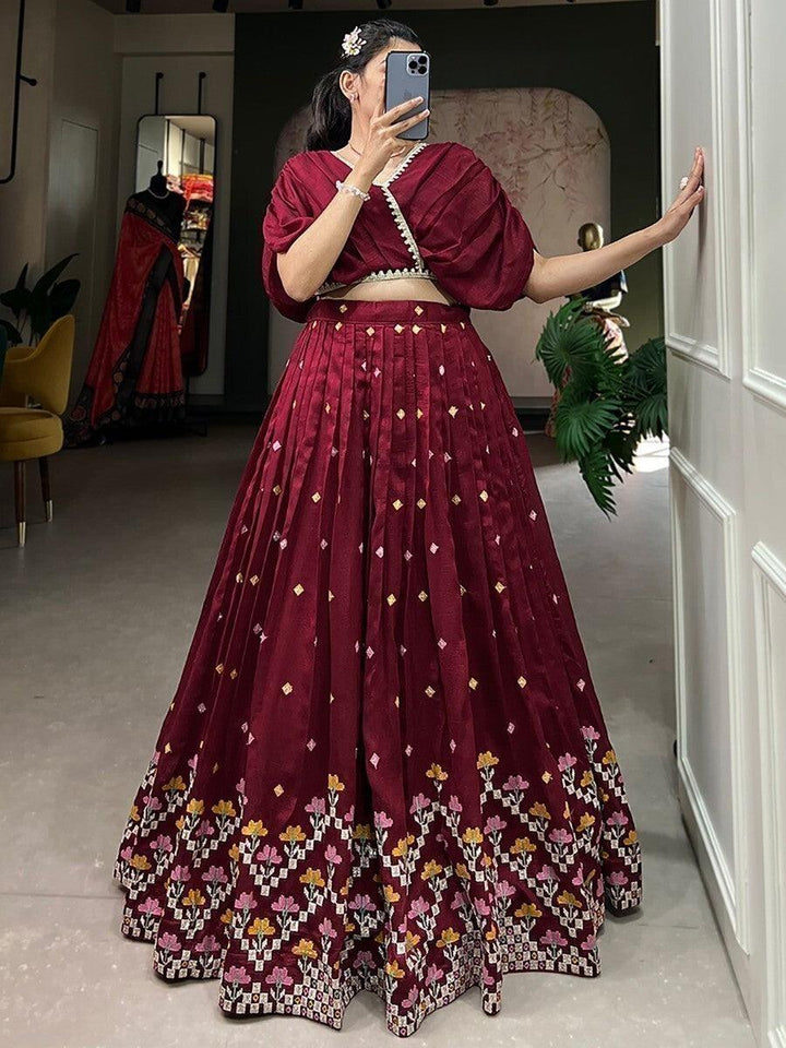 Excellent Maroon Embroidered Silk Wedding Wear Crop Top Lehenga