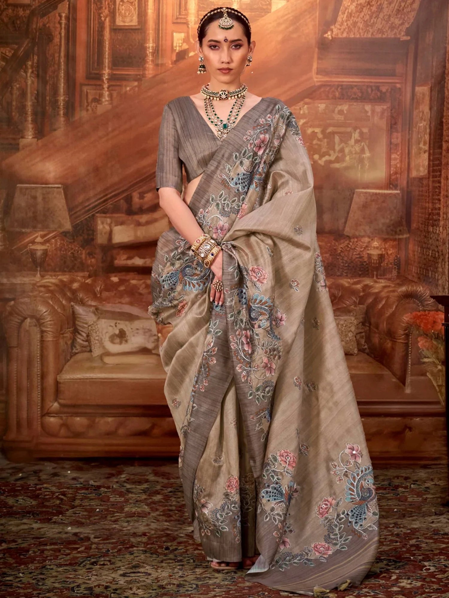 Notable Beige Hand Work Tussar Silk Festive Wear Saree With Blouse