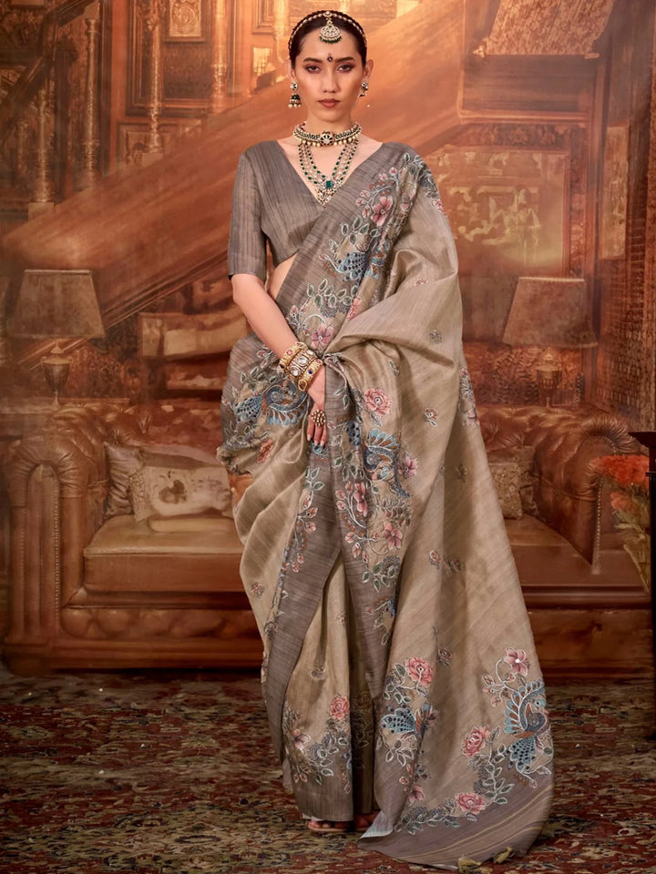 Notable Beige Hand Work Tussar Silk Festive Wear Saree With Blouse