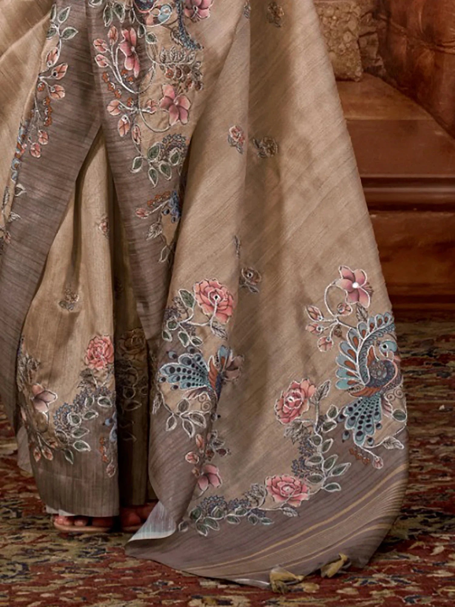 Notable Beige Hand Work Tussar Silk Festive Wear Saree With Blouse