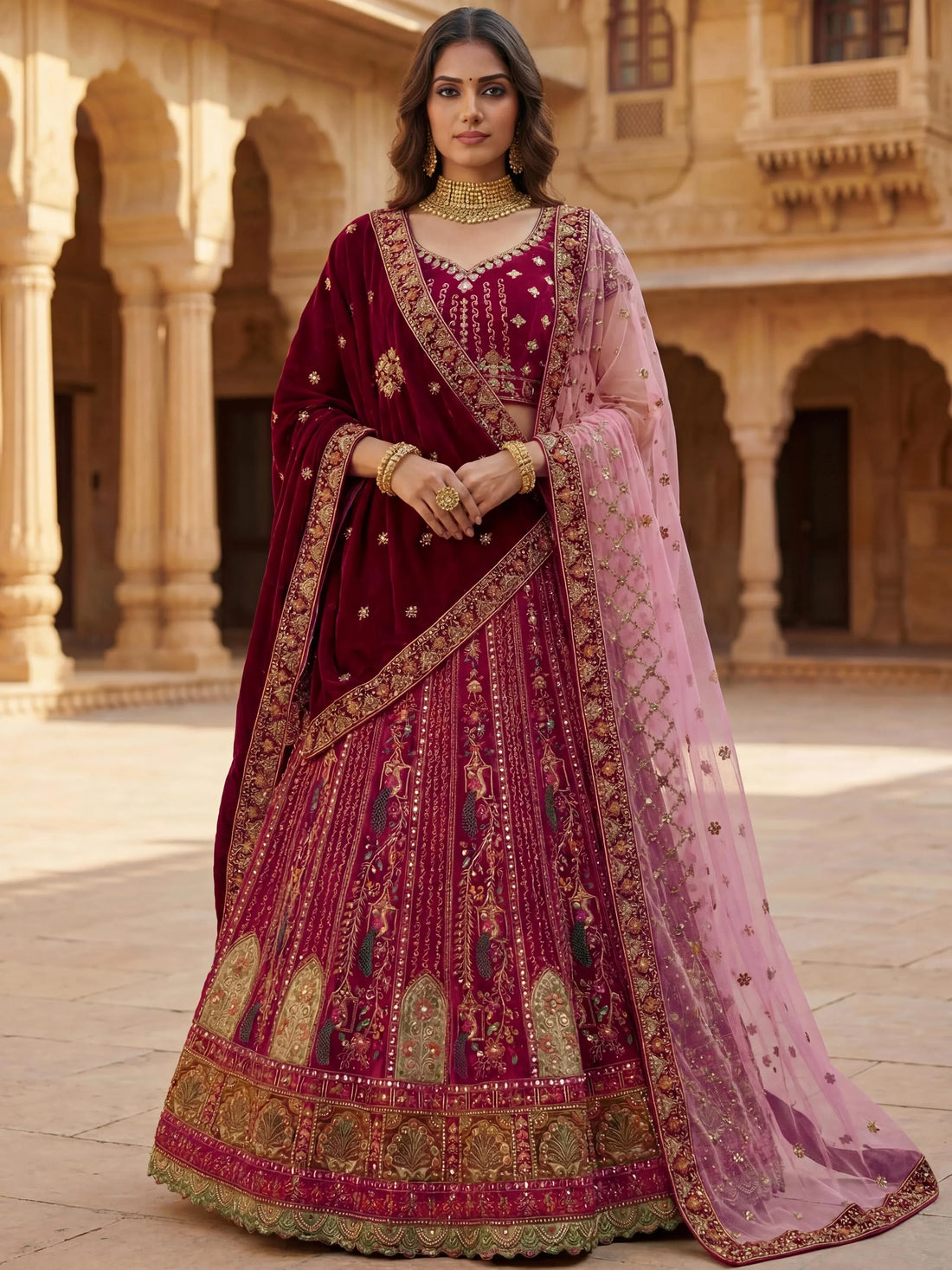 Notable Maroon Multi Thread Work Velvet Bridal Lehenga Choli With Double Dupatta
