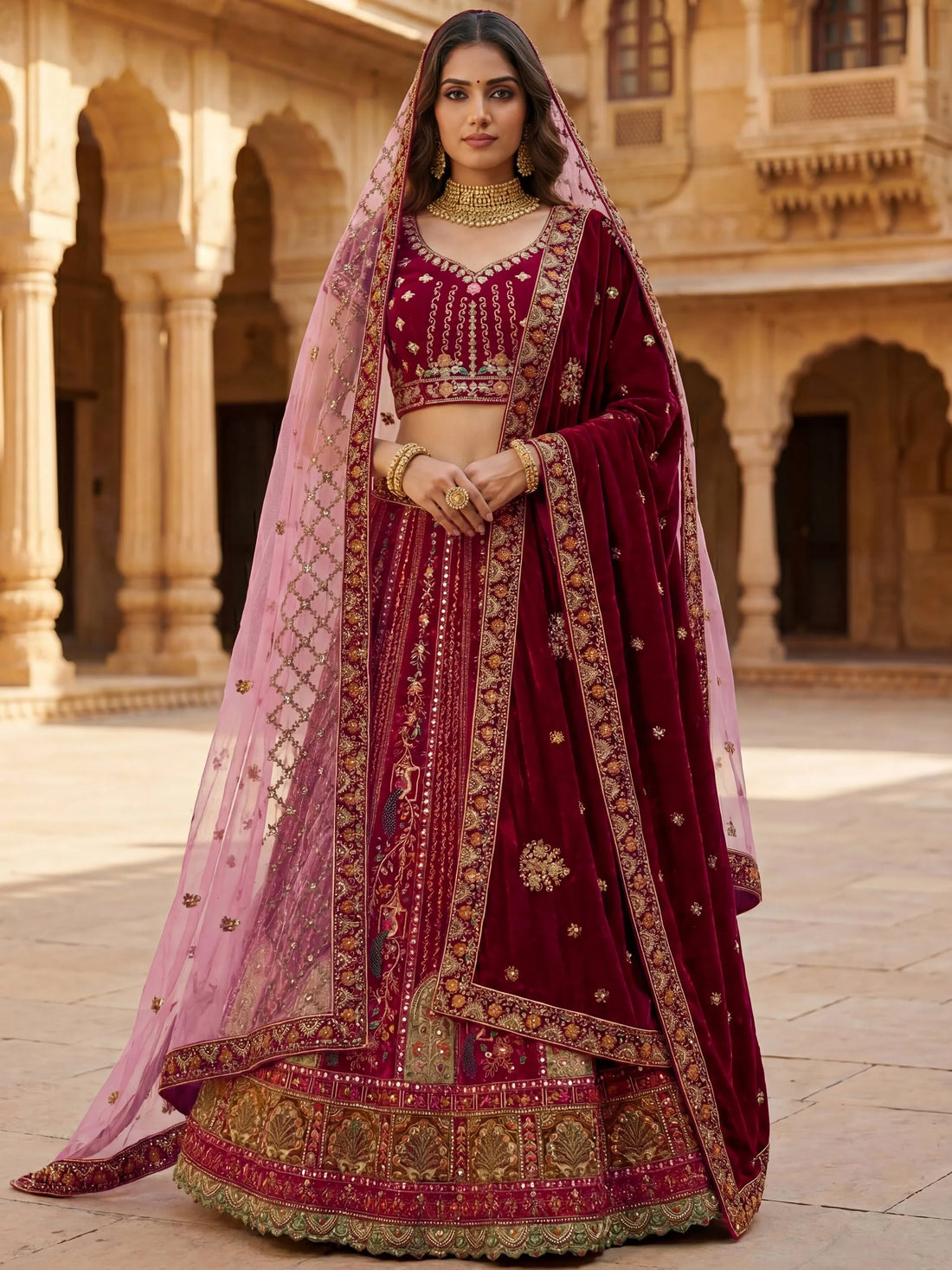 Notable Maroon Multi Thread Work Velvet Bridal Lehenga Choli With Double Dupatta