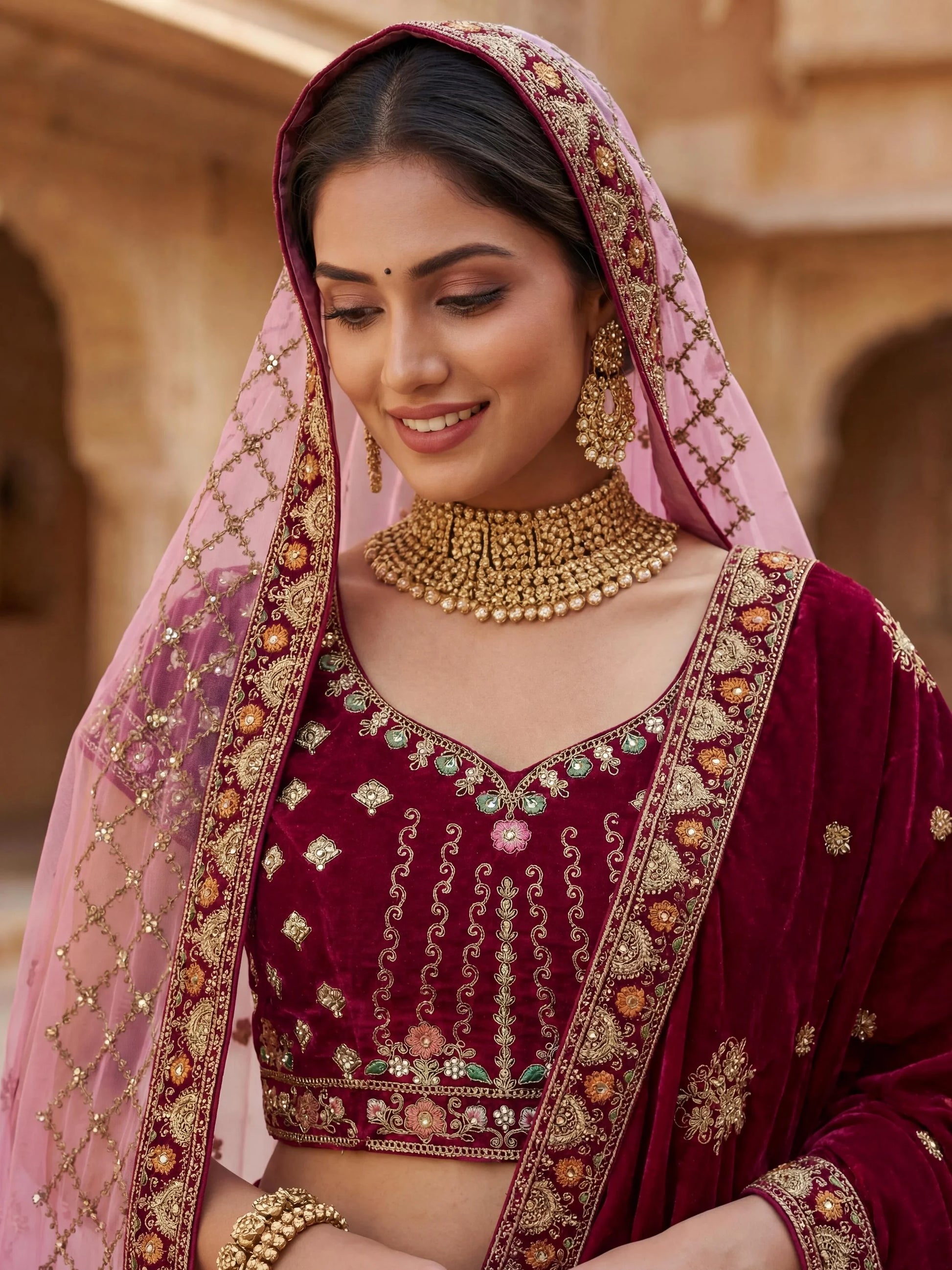 Notable Maroon Multi Thread Work Velvet Bridal Lehenga Choli With Double Dupatta