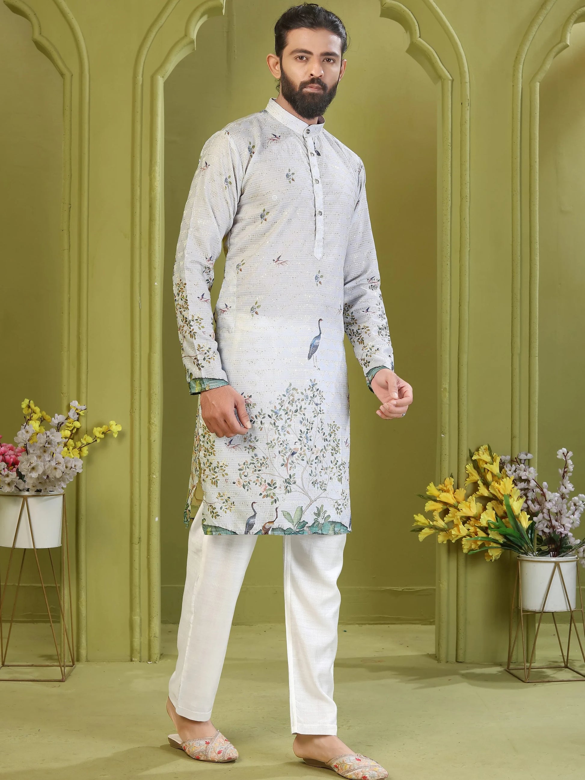 Notable Off-White Digital Printed Rayon Evening Wear Men's Kurta