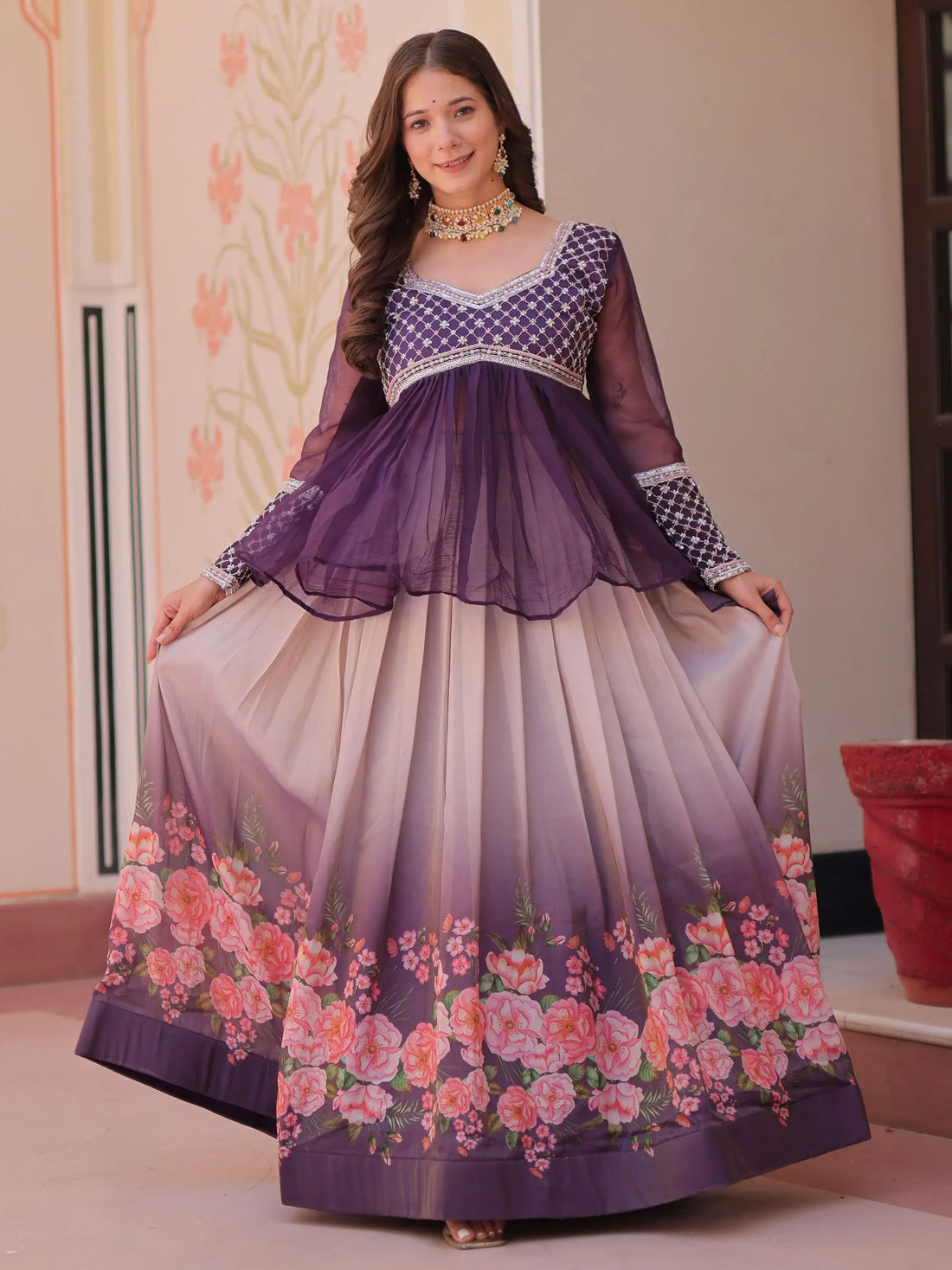 Notable Purple Bead Work Silk Wedding Wear Lehenga With Peplum Top - Zeel Clothing