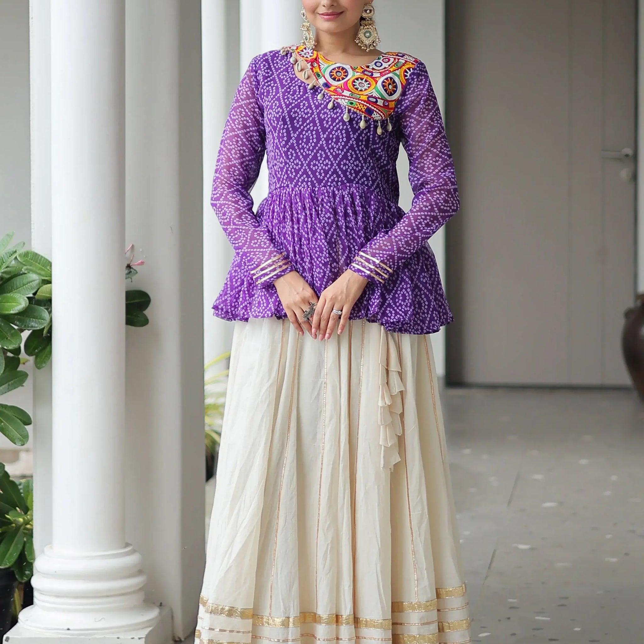 Notable Purple Cotton Navratri Wear Lehenga With Bandhani Print Peplum Top - Zeel Clothing