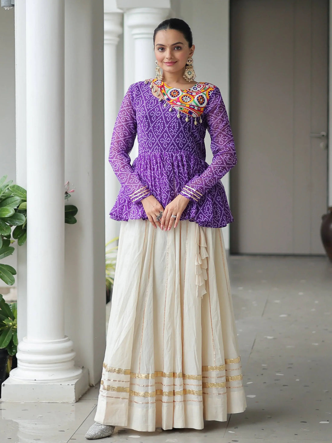 Notable Purple Cotton Navratri Wear Lehenga With Bandhani Print Peplum Top - Zeel Clothing