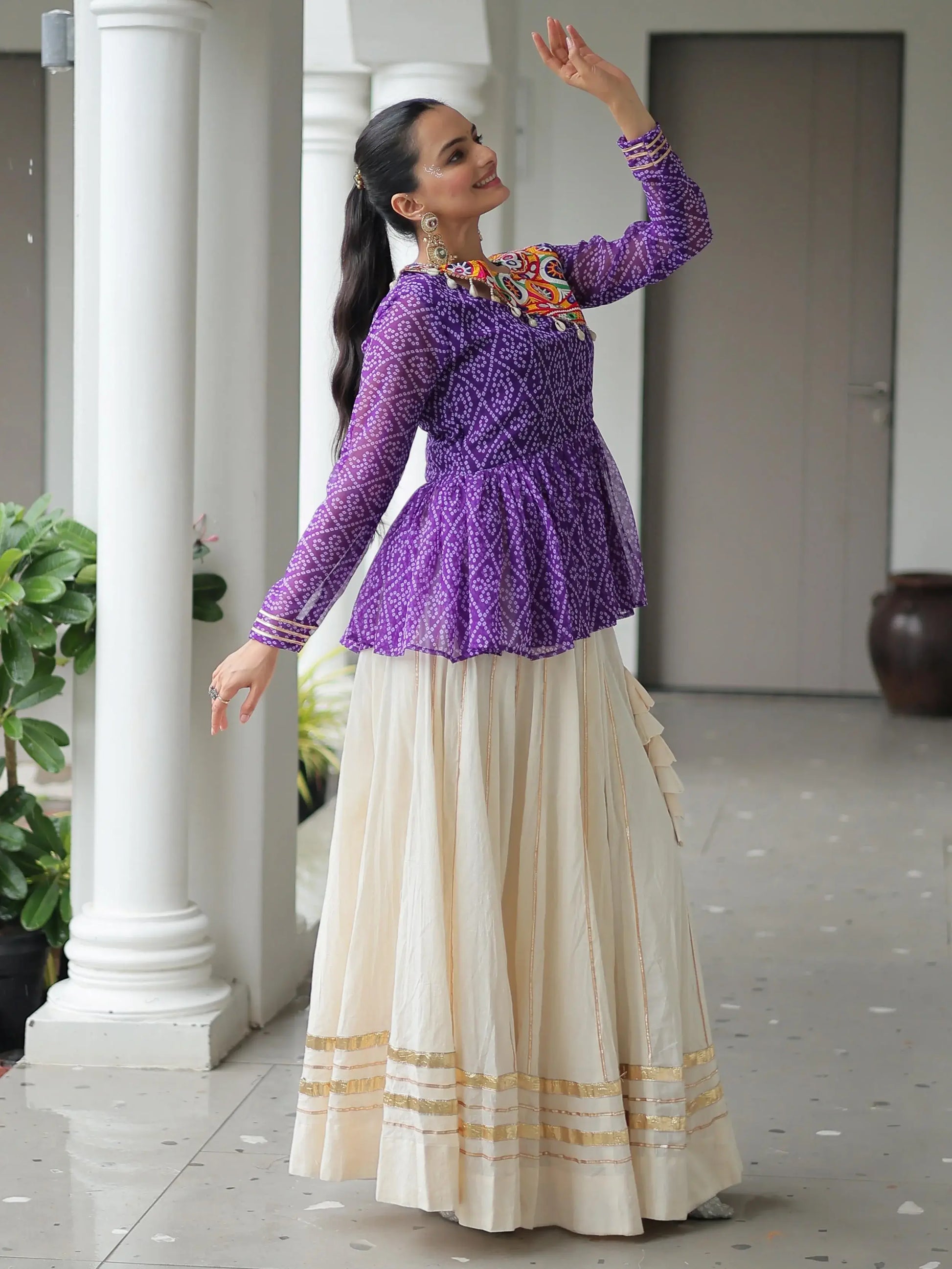 Notable Purple Cotton Navratri Wear Lehenga With Bandhani Print Peplum Top - Zeel Clothing