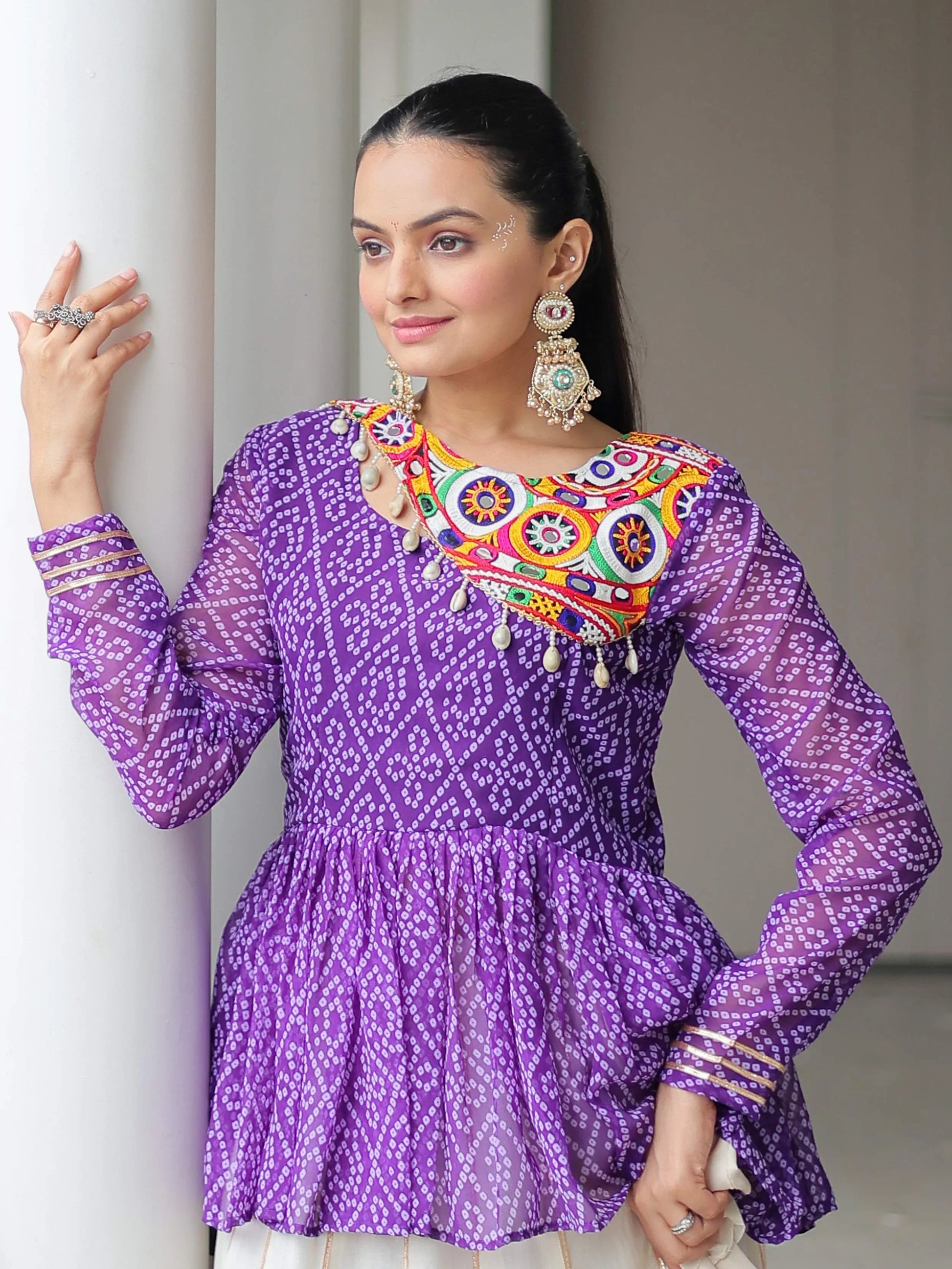 Notable Purple Cotton Navratri Wear Lehenga With Bandhani Print Peplum Top - Zeel Clothing