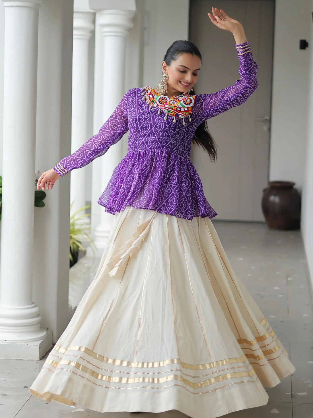 Notable Purple Cotton Navratri Wear Lehenga With Bandhani Print Peplum Top - Zeel Clothing