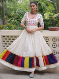 Notable White Multi Thread Work Roman Silk Navratri Special Gown - Zeel Clothing