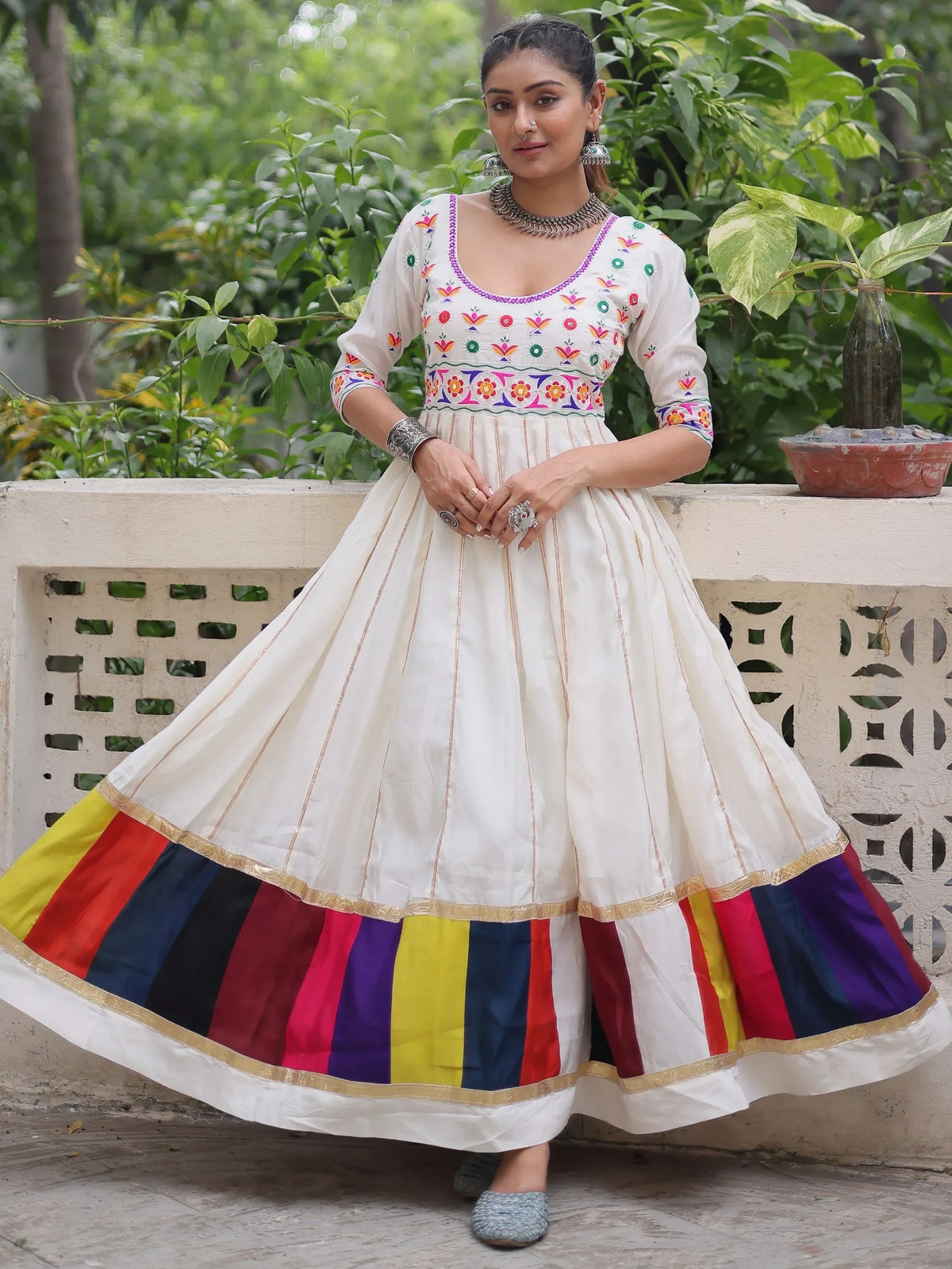 Notable White Multi Thread Work Roman Silk Navratri Special Gown - Zeel Clothing