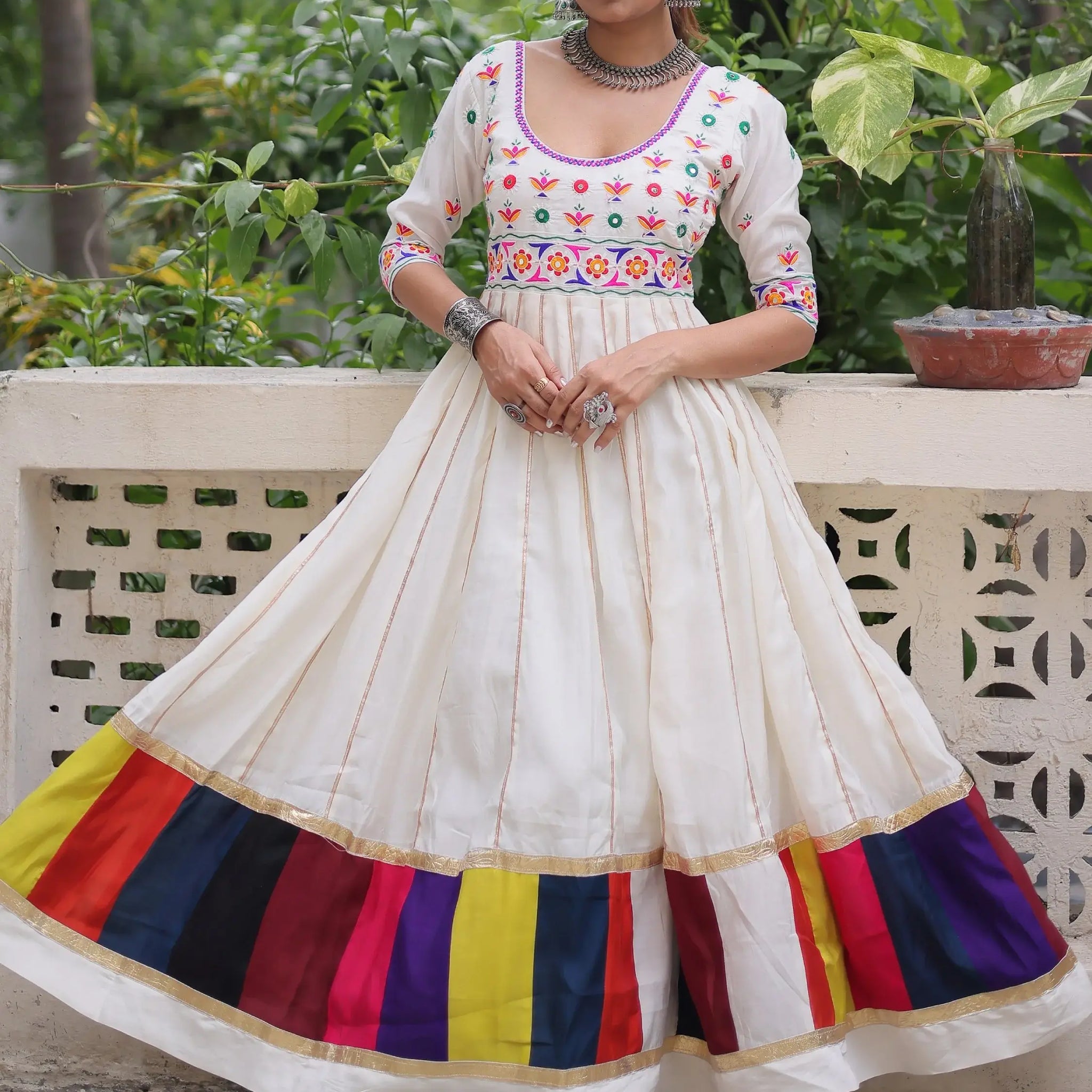 Notable White Multi Thread Work Roman Silk Navratri Special Gown - Zeel Clothing