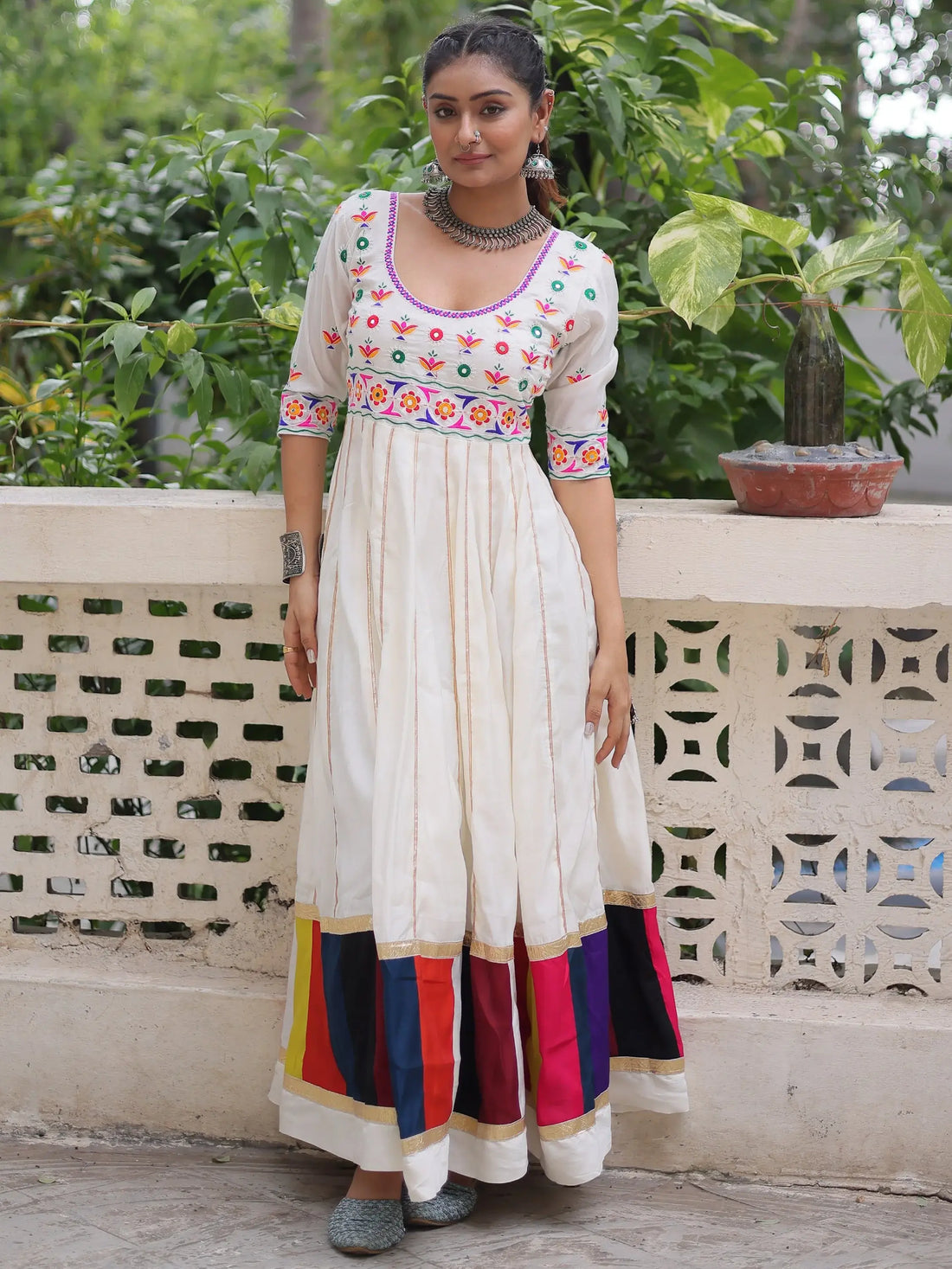 Notable White Multi Thread Work Roman Silk Navratri Special Gown - Zeel Clothing