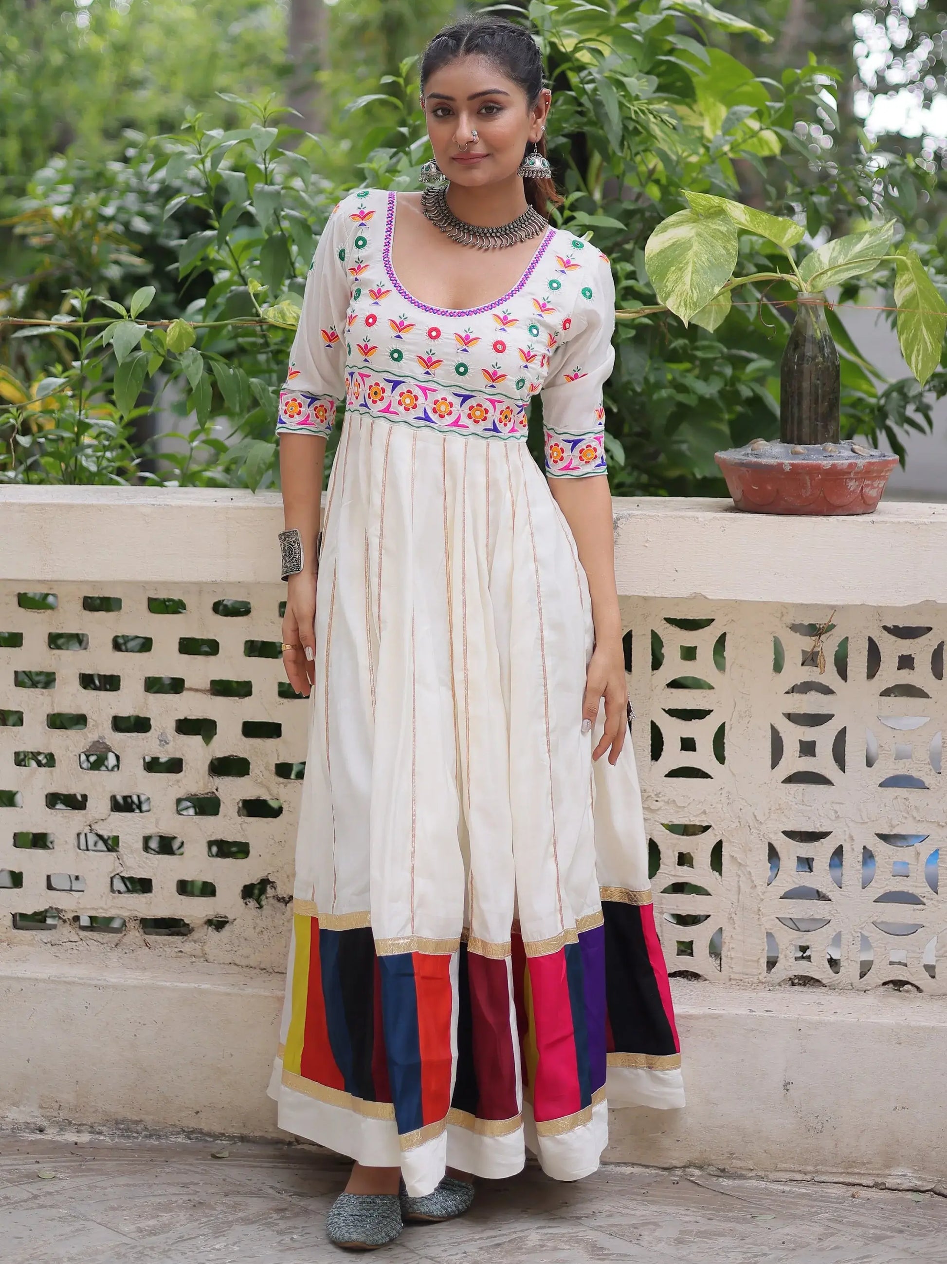 Notable White Multi Thread Work Roman Silk Navratri Special Gown - Zeel Clothing