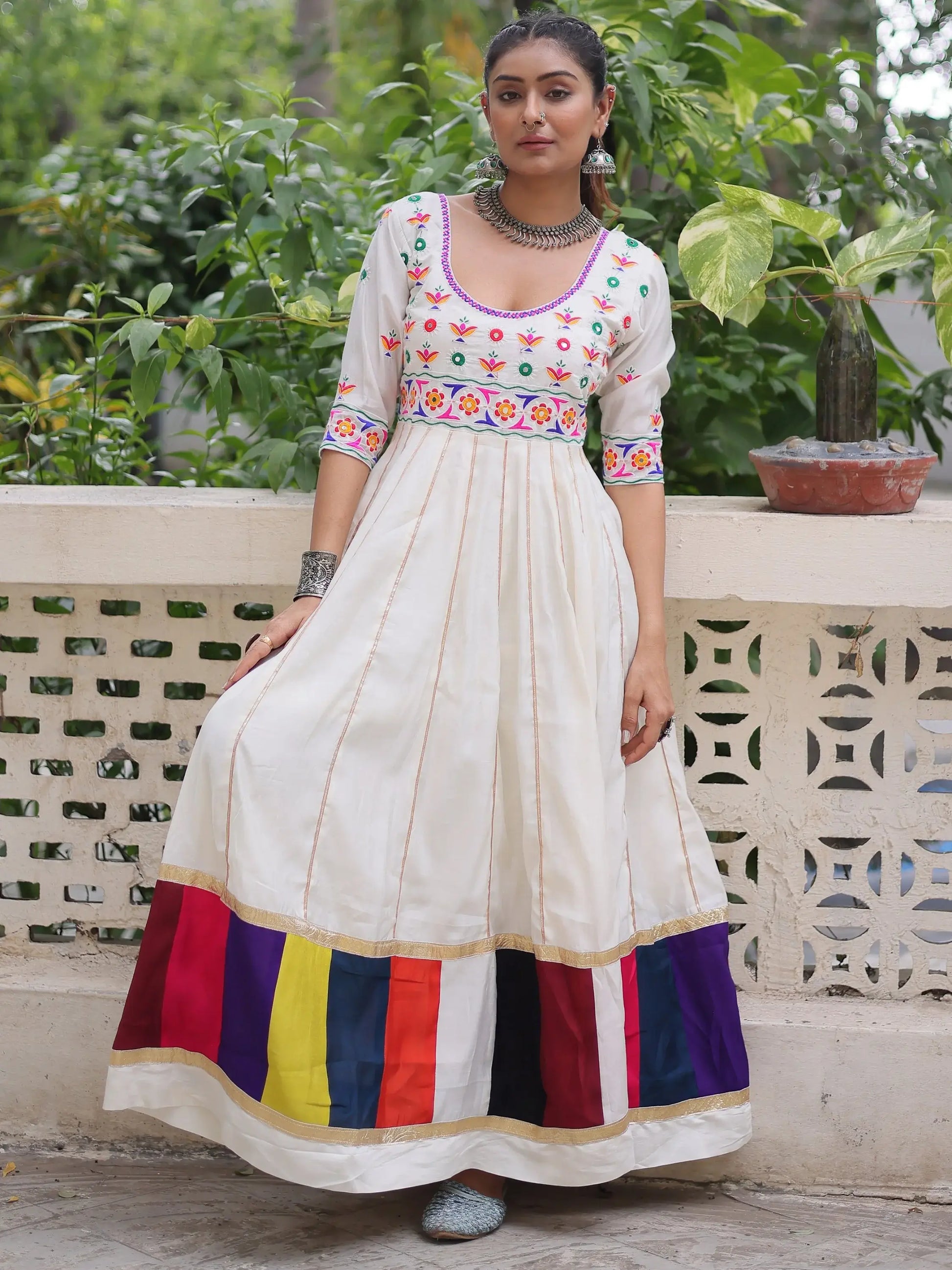 Notable White Multi Thread Work Roman Silk Navratri Special Gown - Zeel Clothing