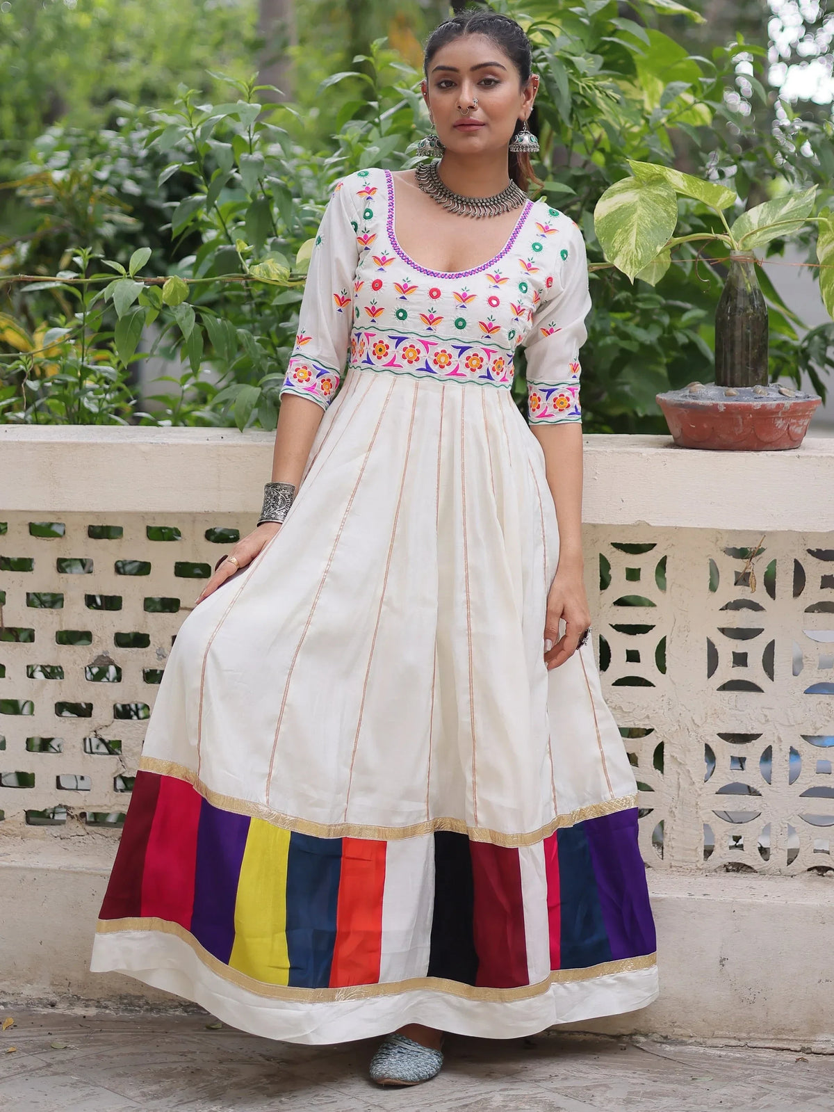 Notable White Multi Thread Work Roman Silk Navratri Special Gown - Zeel Clothing
