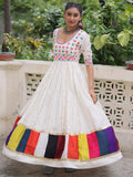 Notable White Multi Thread Work Roman Silk Navratri Special Gown - Zeel Clothing