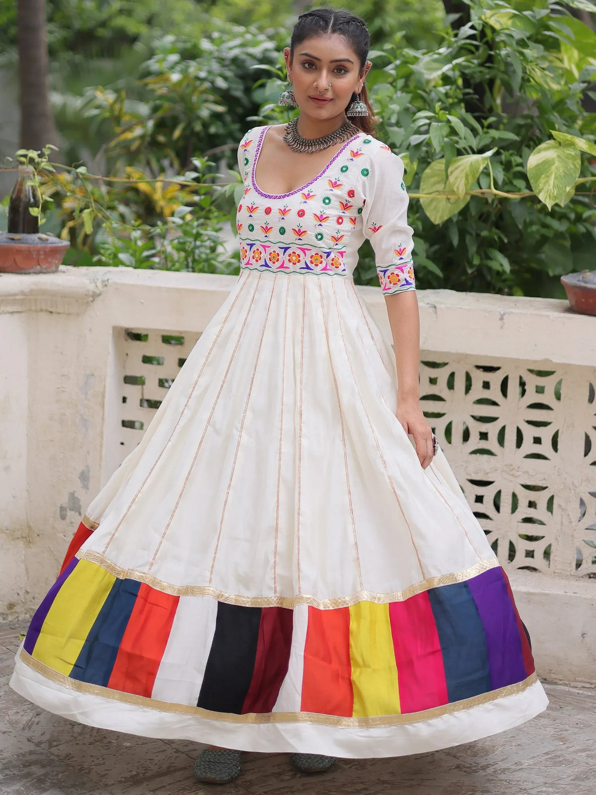 Notable White Multi Thread Work Roman Silk Navratri Special Gown - Zeel Clothing
